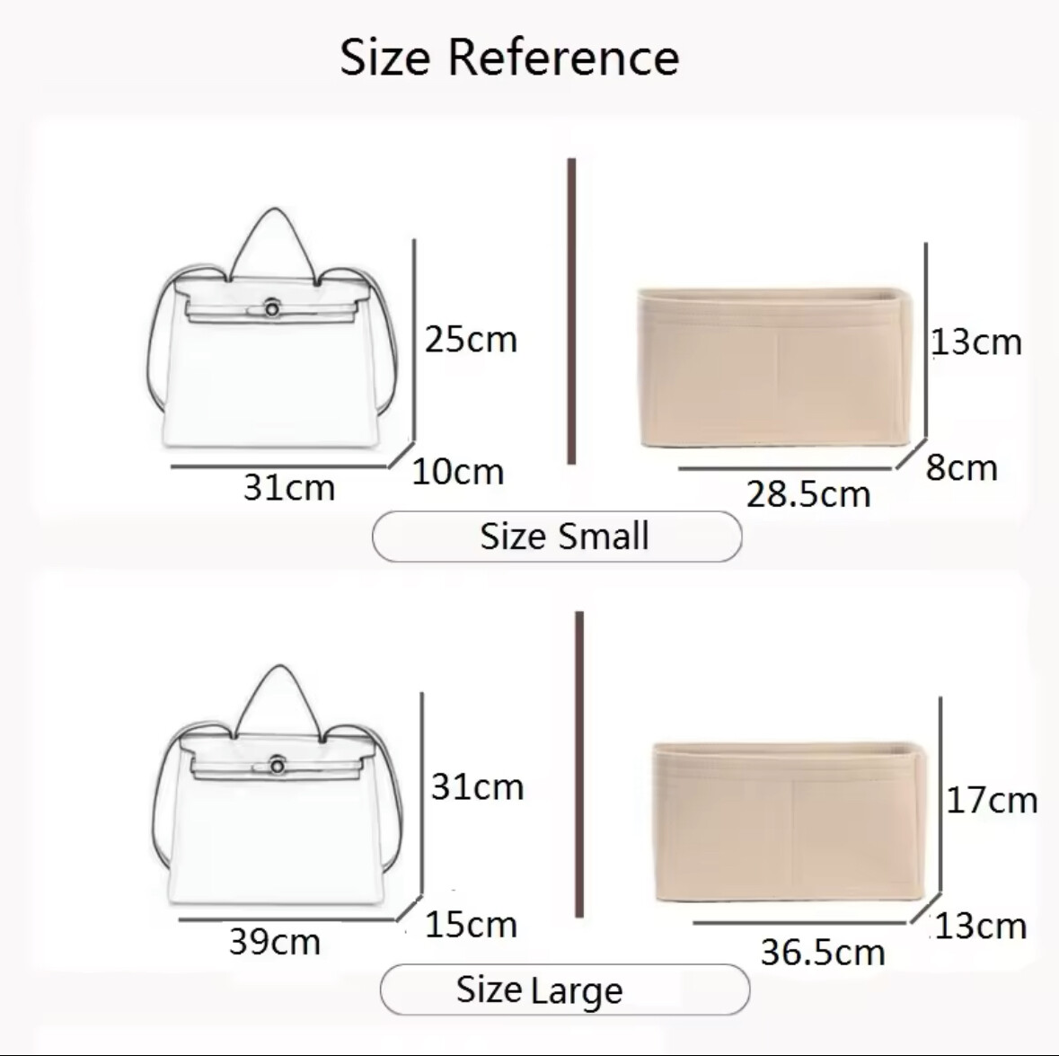 BAG INSERT Organiser for Hermes Herbag Choose size: 31 / 39 (PM , GM)