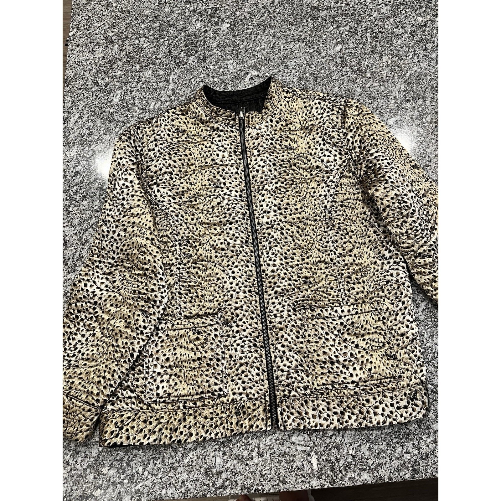 Chico’s Reversible Quilted Zip Jacket Leopard Animal Print Pockets Size 3 – A1