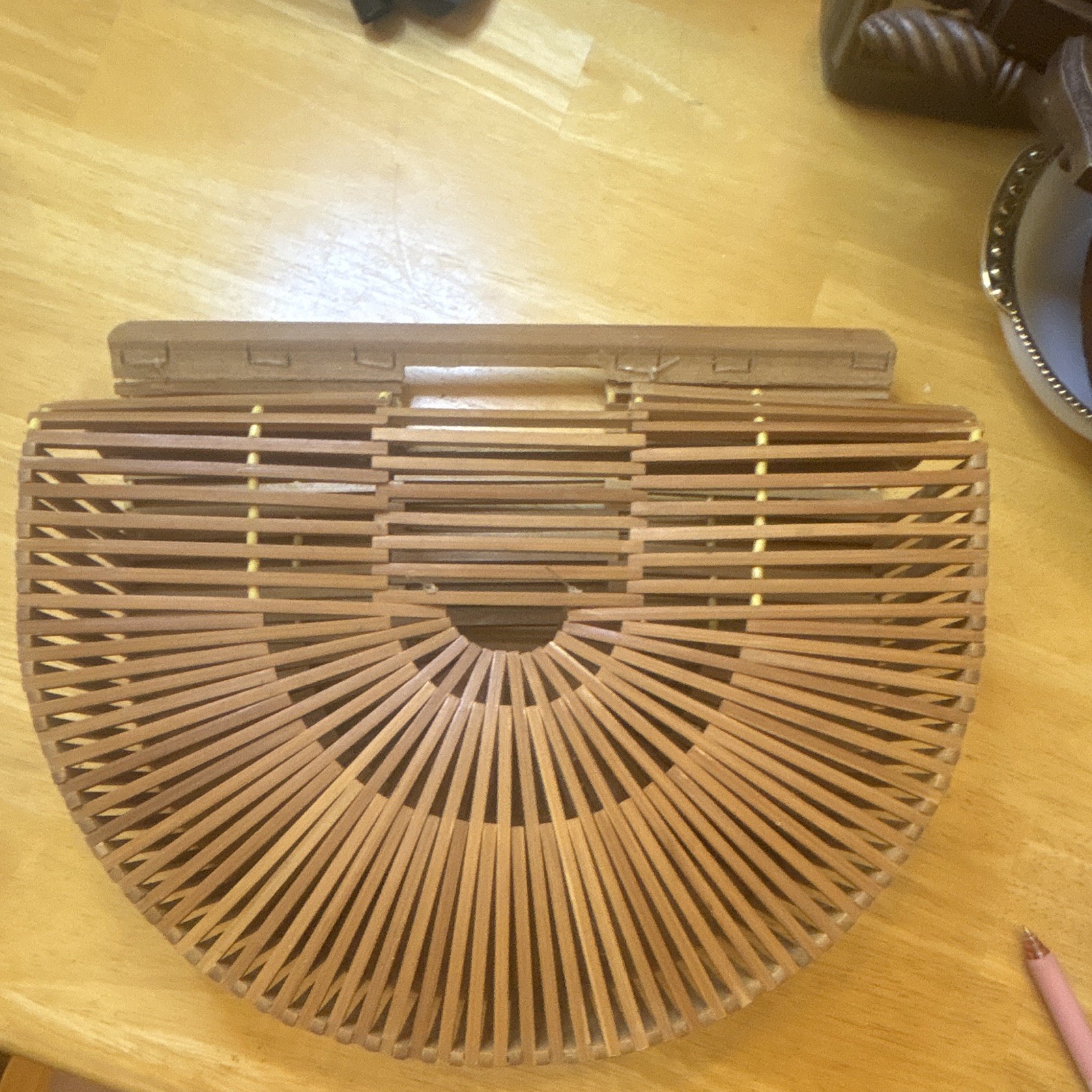 Women’s Brown Half Moon Clutch, Slatted Geometric Pattern, Clasp Closure