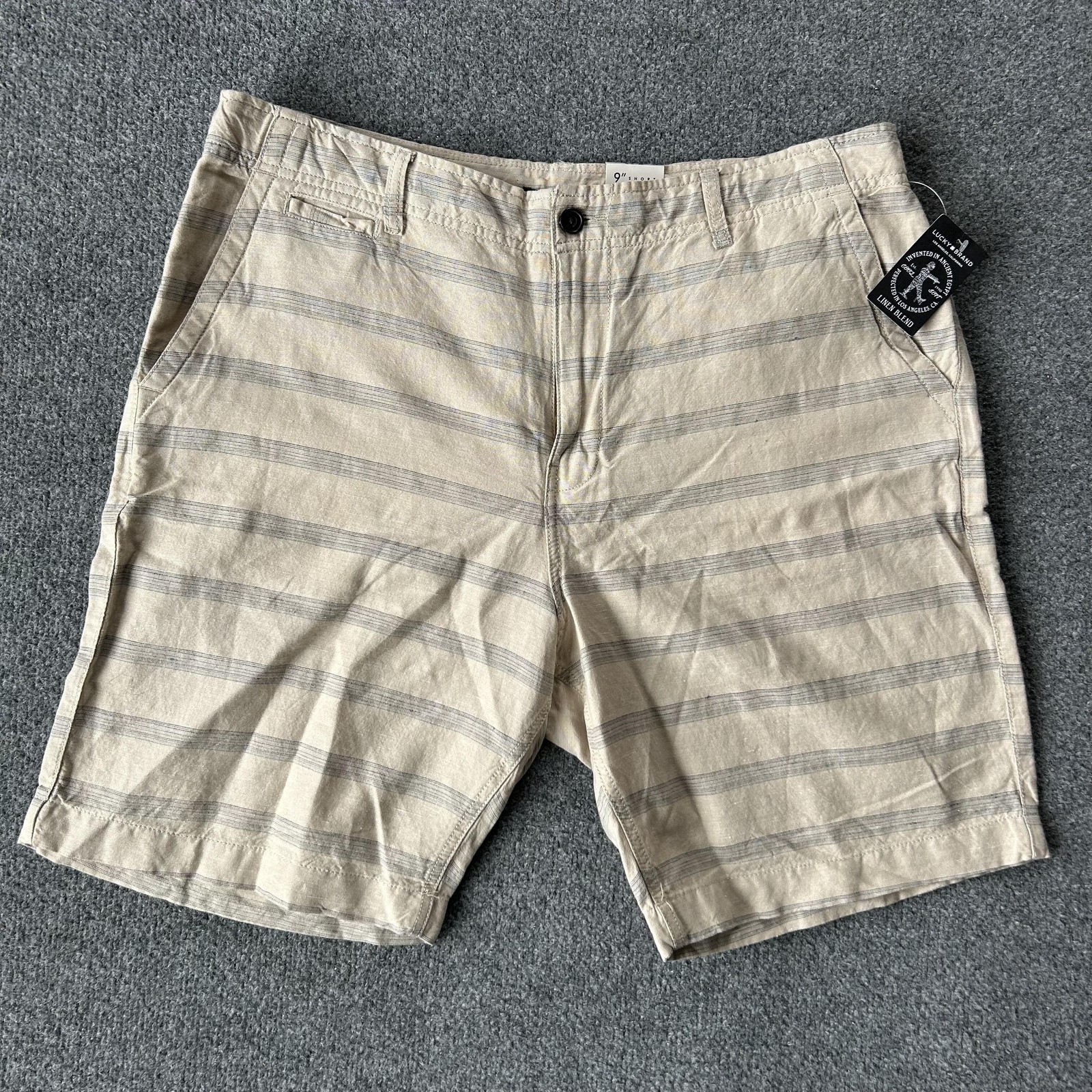 Lucky Brand Shorts Mens 38 Beige Linen Blend 9 Inch Stripe Casual Flat Front