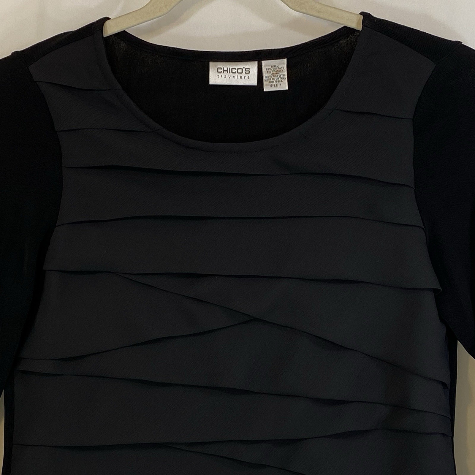 Chicos Travelers Size 1 Top Black Chiffon Layer Ruffle Front Scoop Neck Women M