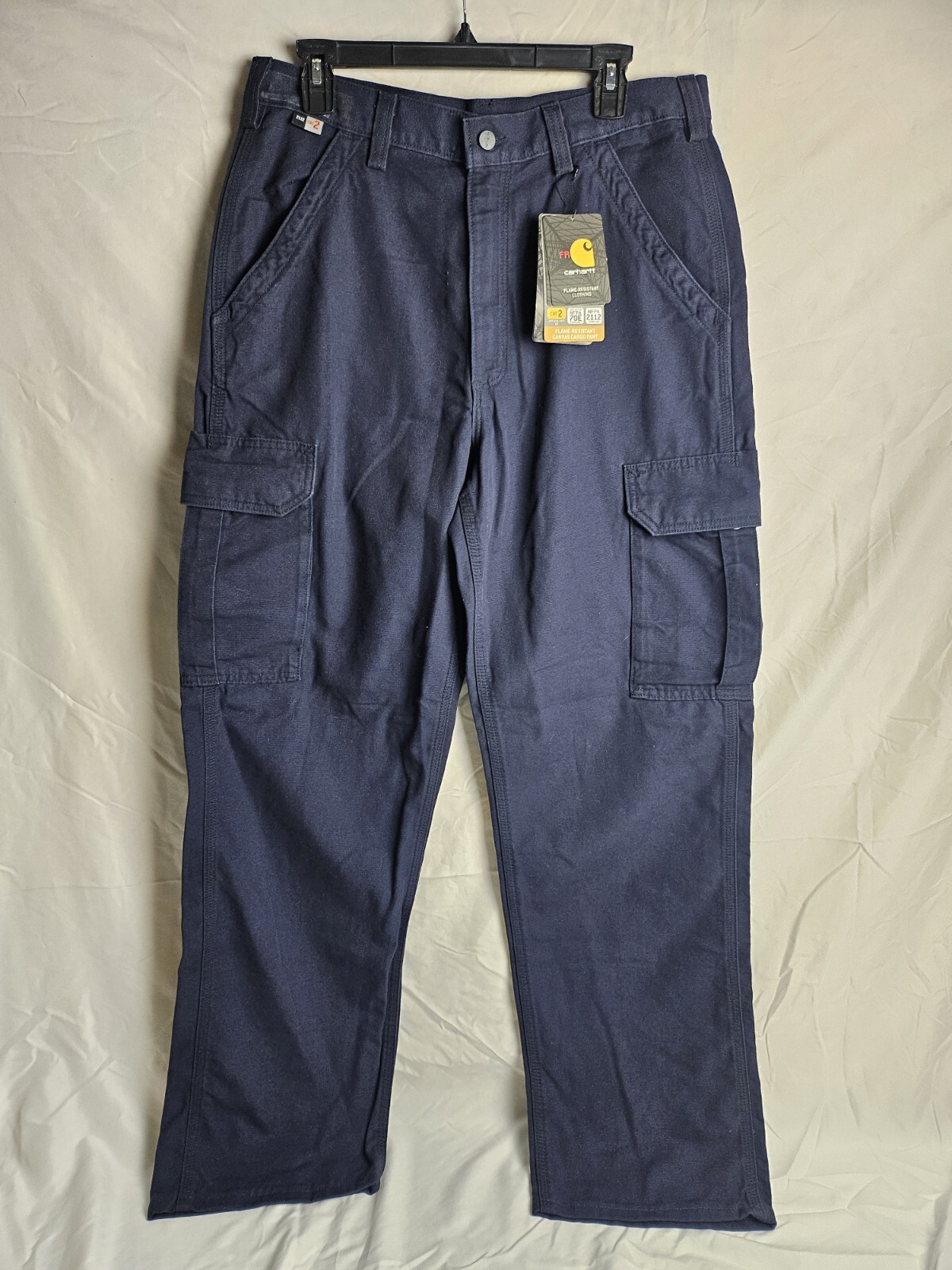 Carhartt Men Pants 34×36 Blue Cargo Canvas Work Wear Flame Resistant PLEASE READ