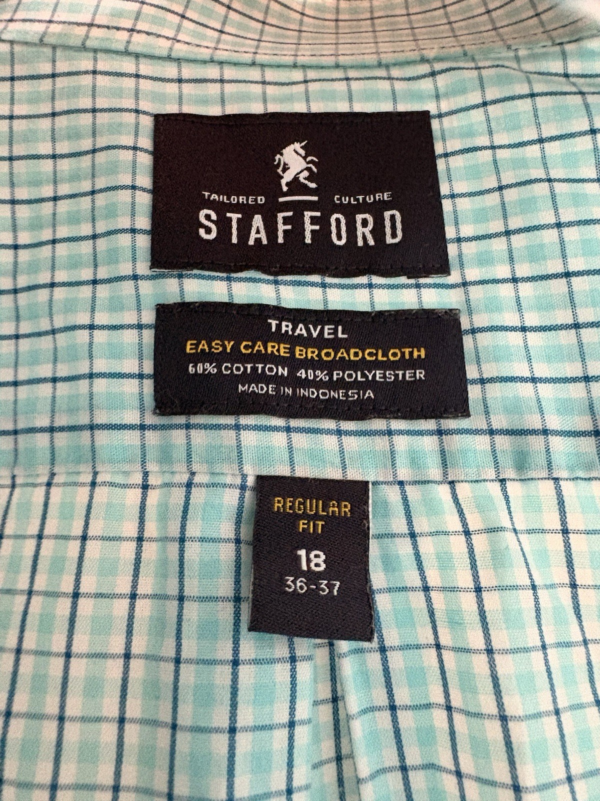 Stafford Travel Easy Care Broadcloth Blue/White Check Dress Shirt 18 36-37