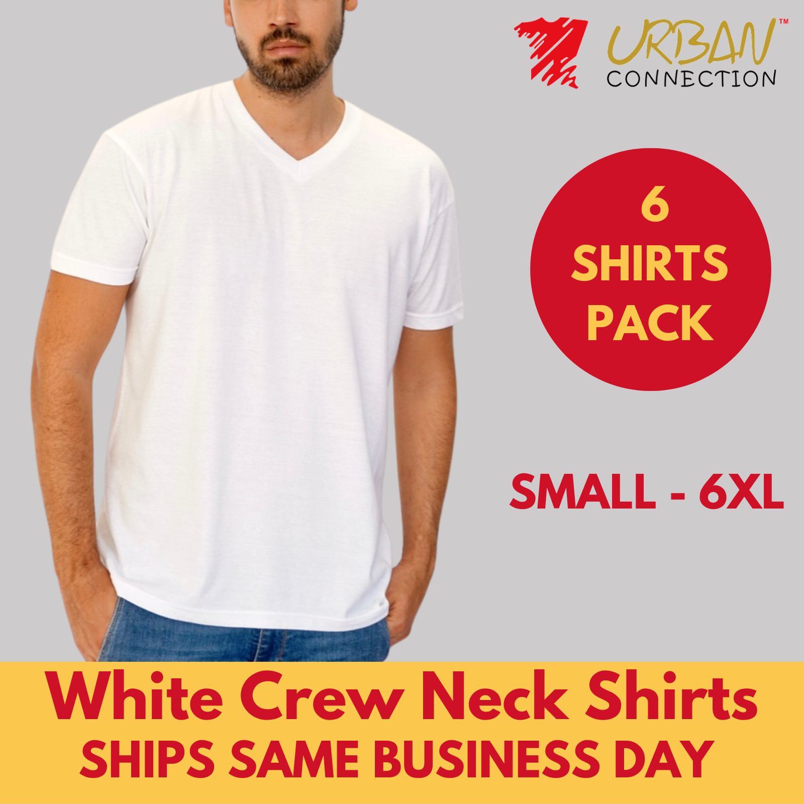 Men’s White V-Neck T-Shirt | Urban Connection | Small-6XL | Pack of 6 Shirts