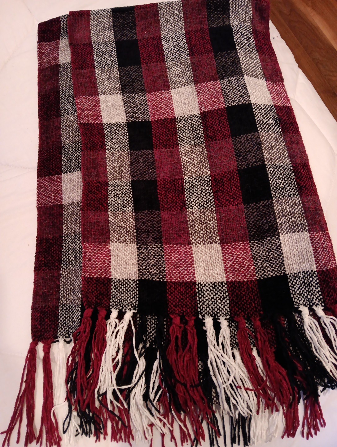 100% Rayon Gray, Red, Black, and White Checked Scarf 11 in. Wide x 76 in. Long