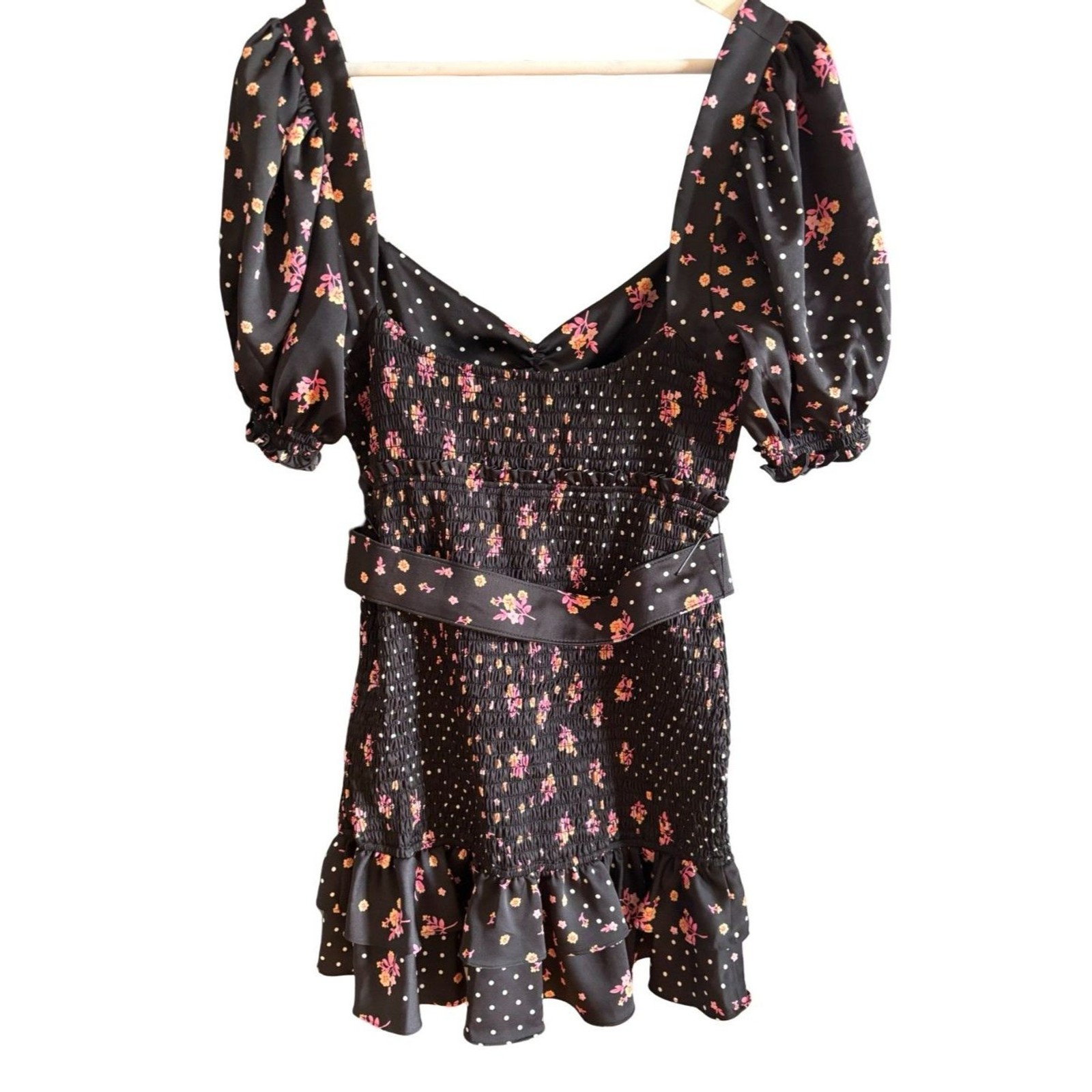 For Love and Lemons Camellia Smocked Belted Mini Dress Black Floral NWOT Sz L