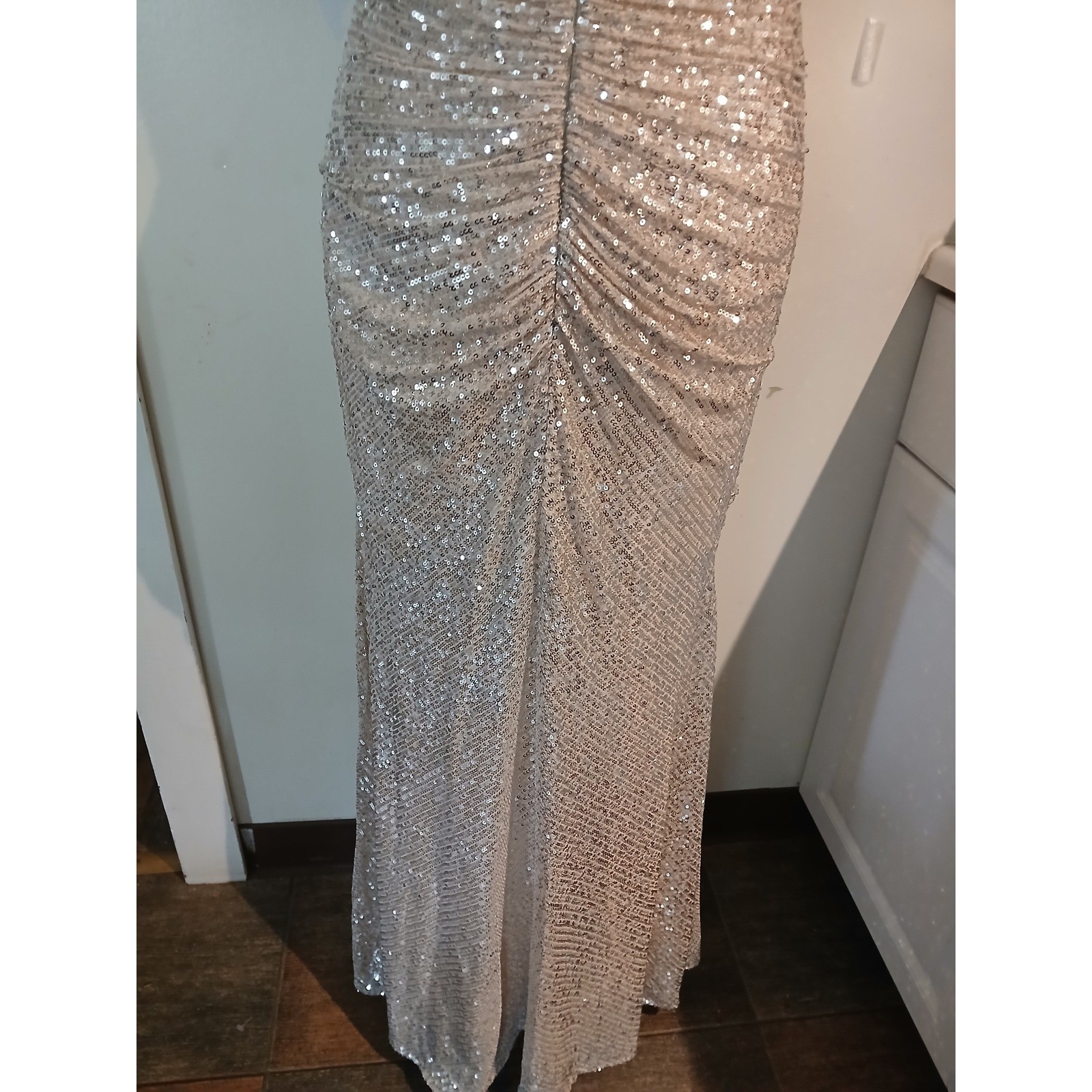 Ladivine Cinderella Divine Sequin Ruched Off Shoulder Evening Gown Champagne L