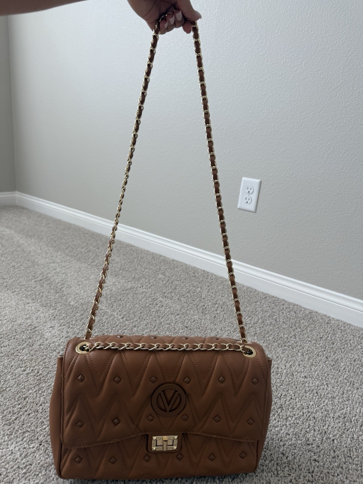 Valentino Brown Quilted VLogo Medium Shoulder Bag Gold Chain Strap Turn Lock