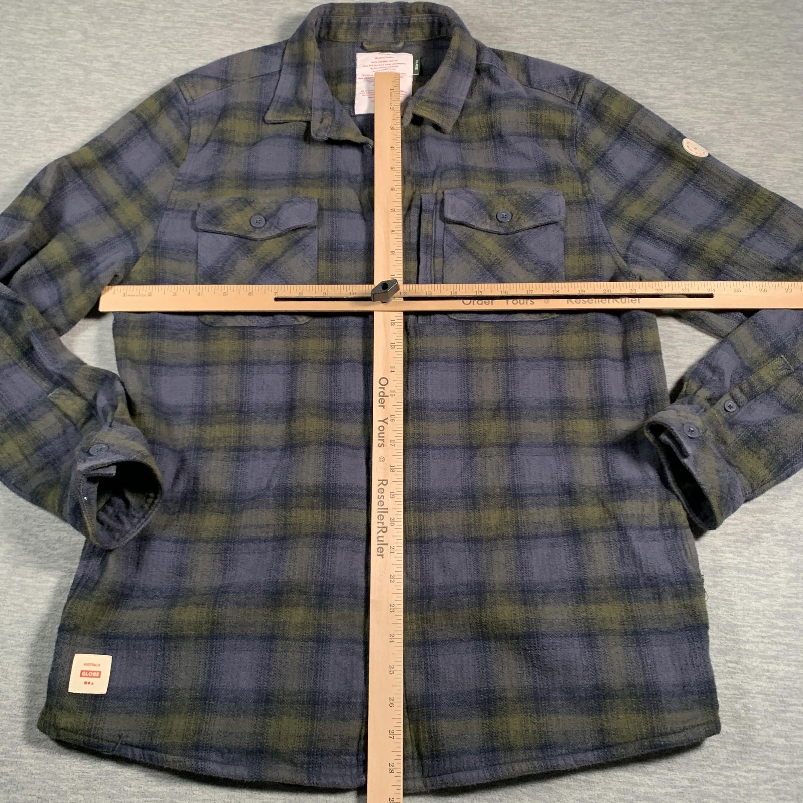 Globe Wanderer Shacket Shirt Mens XL Blue Green Plaid Organic Cotton Button Up