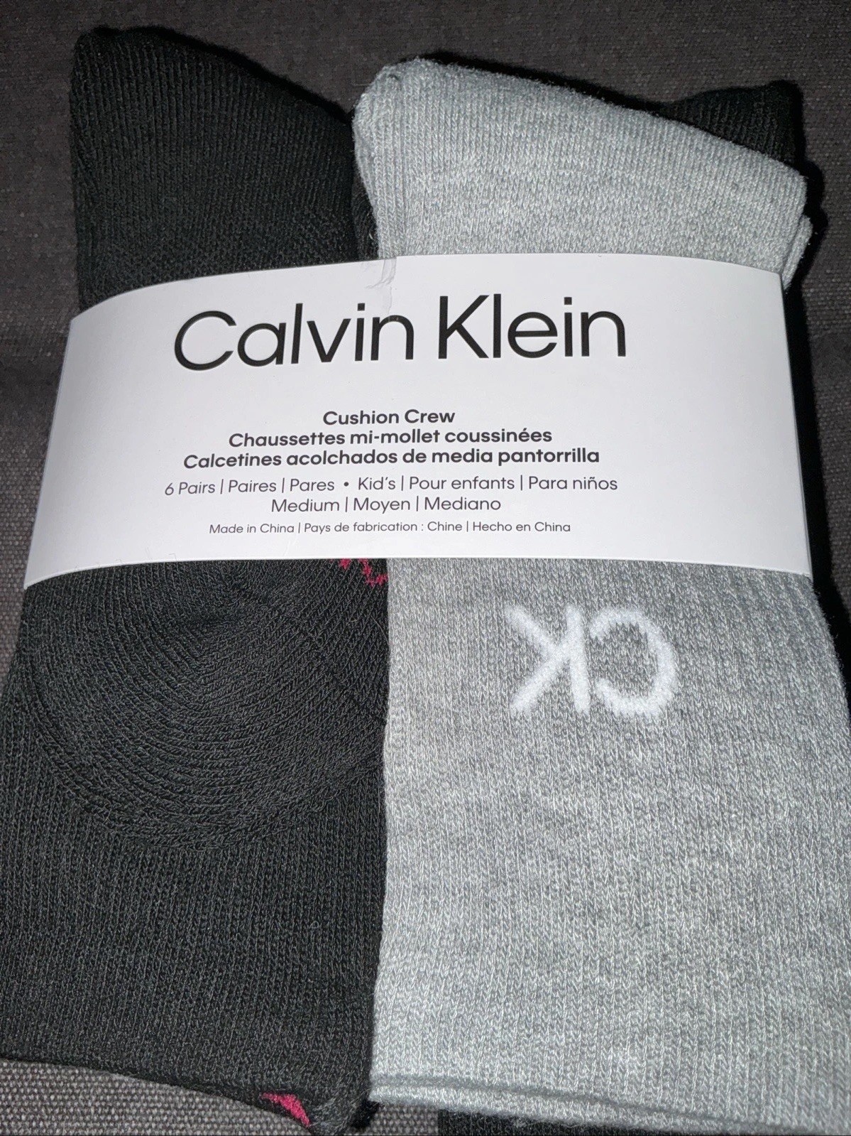 NWT Calvin Klein Kids Socks -6 Pair Cushioned CREW Socks White, Black, Gray