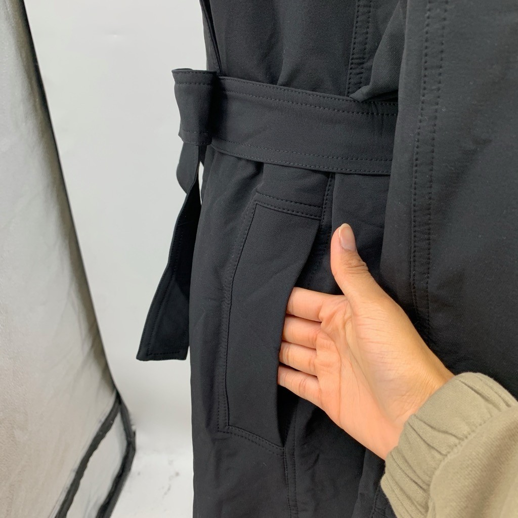 OGL Coat Womens XS Extra Small Black Nylon Blend Belted Button Stretch Trench