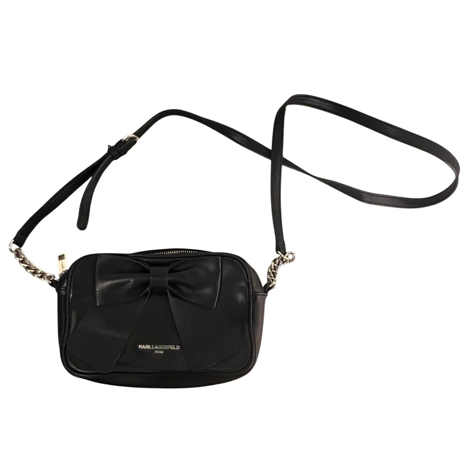 Karl Lagerfeld Chunky Goldtone Chain Exposed Zipper Logo Black Kris Bow handbag