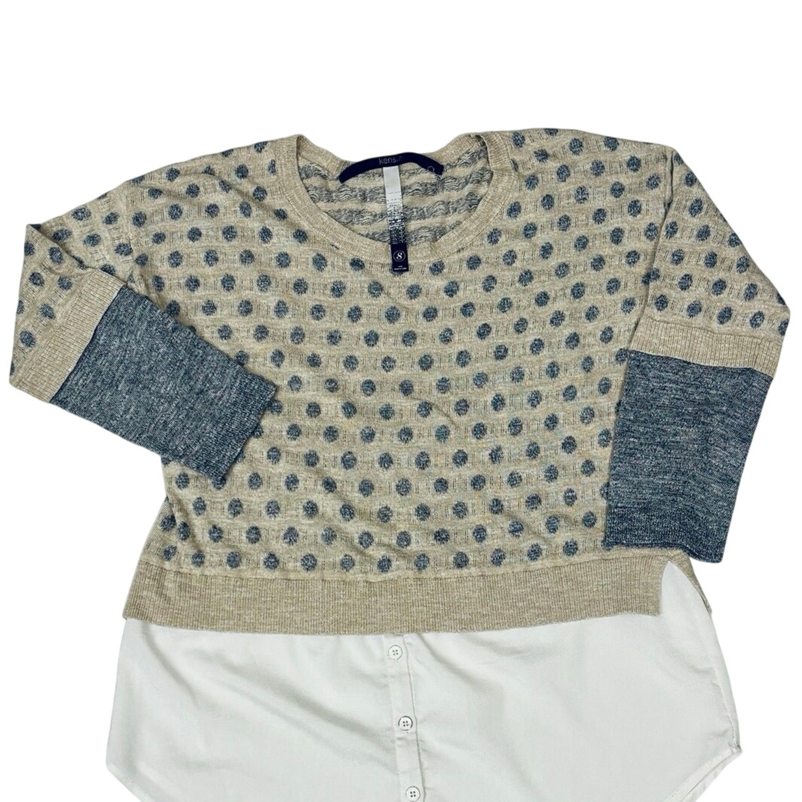 Kenzie sweater layered over white shirt tails preppy dressy knit top blouse sx S