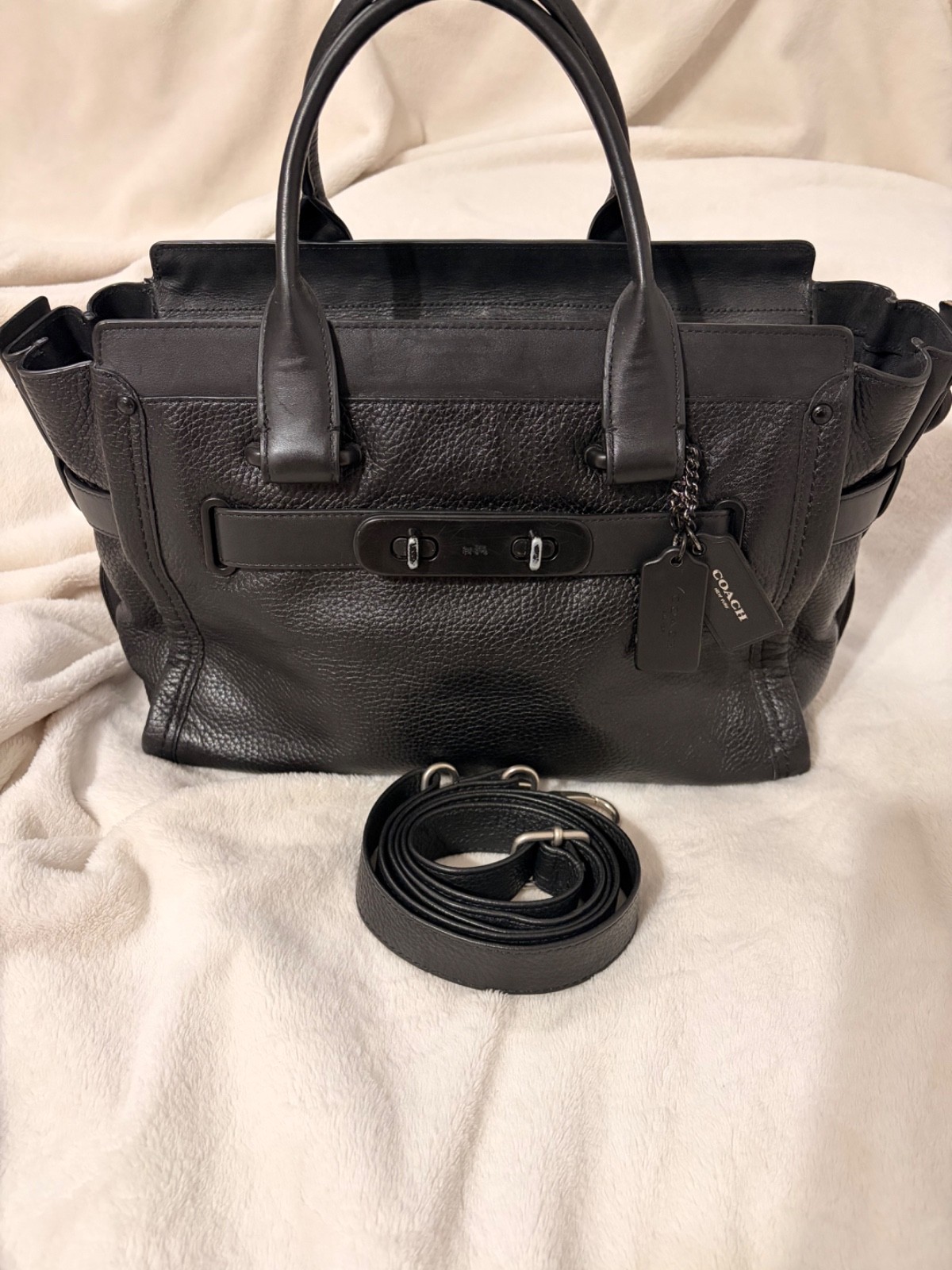 Coach Swagger 27 Carryall All Black Leather Satchel Crossbody Bag