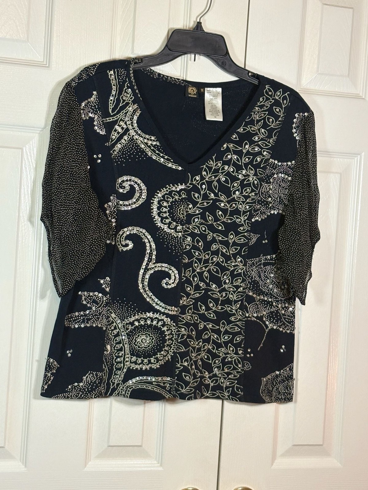 Bila Woman’s Black Navy Blue Sequin Embellished Paisley Floral V-Neck Top