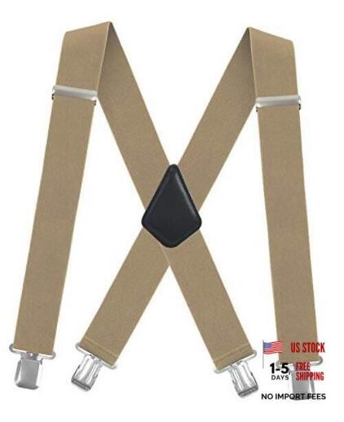 Men’s X-Back 2 Inches Wide Heavy Duty Clips Adjustable Suspenders Tan