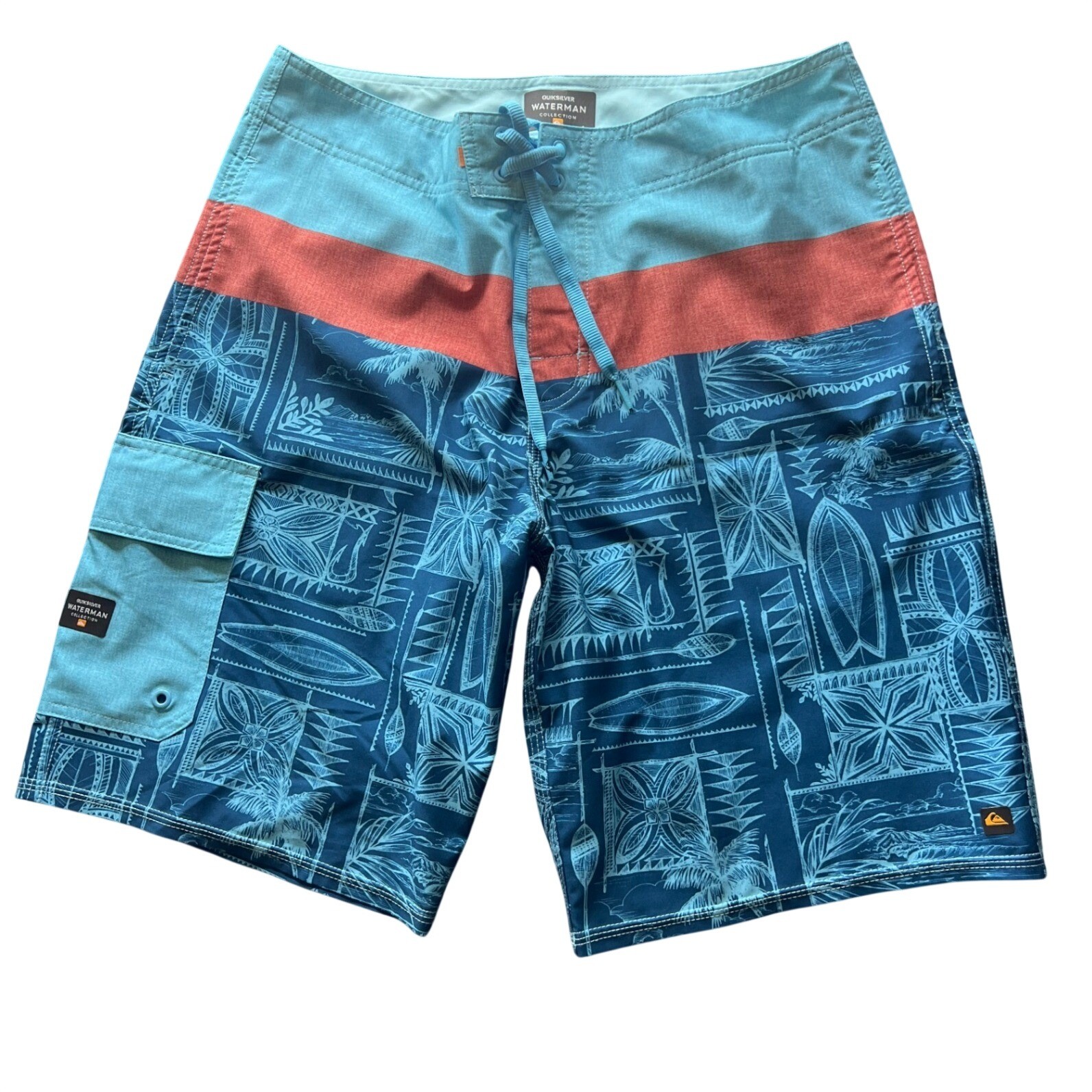 Quiksilver Waterman Collection Mens Board Shorts Blue Tribal Surf Trunks Size 32