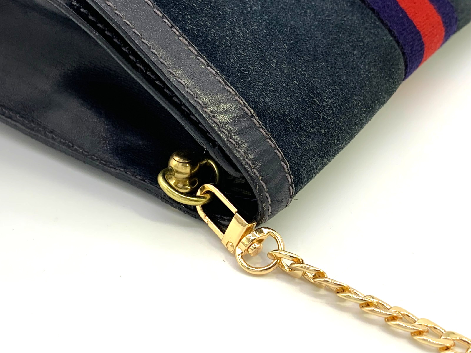 GUCCI VINTAGE Web Stripe Shoulder Bag Suede Leather Navy Classic Authentic