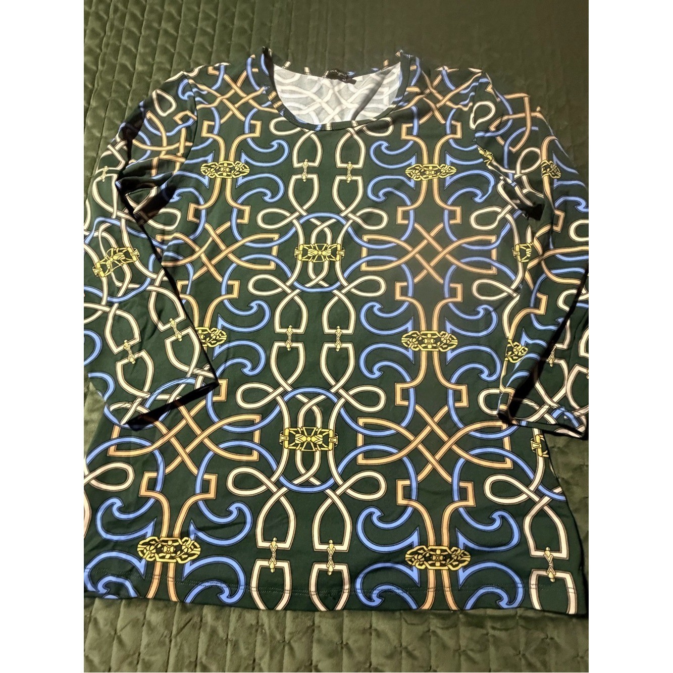 J.McLaughlin 3/4 sleeve wrinkle-resistant equestrian print green blue MED