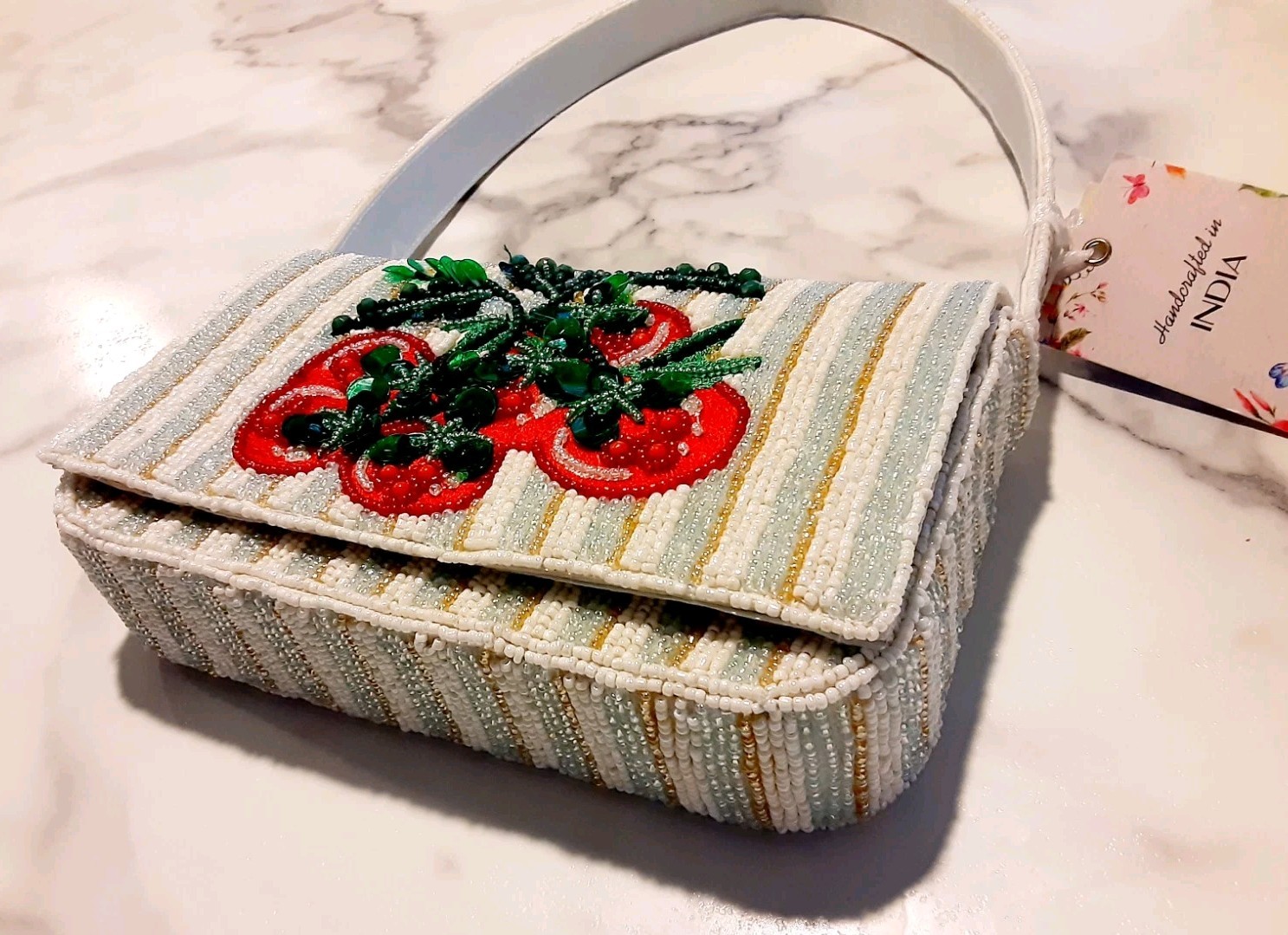 Made in India Beaded Tomato Striped Mini Shoulder Bag Purse White Gold Mint