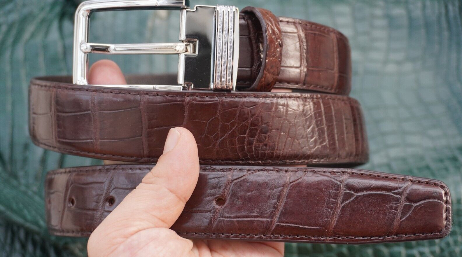 W1.3 inch Brown Real Crocodile Belly Leather Skin Men’s Belt Pin Buckle #K65