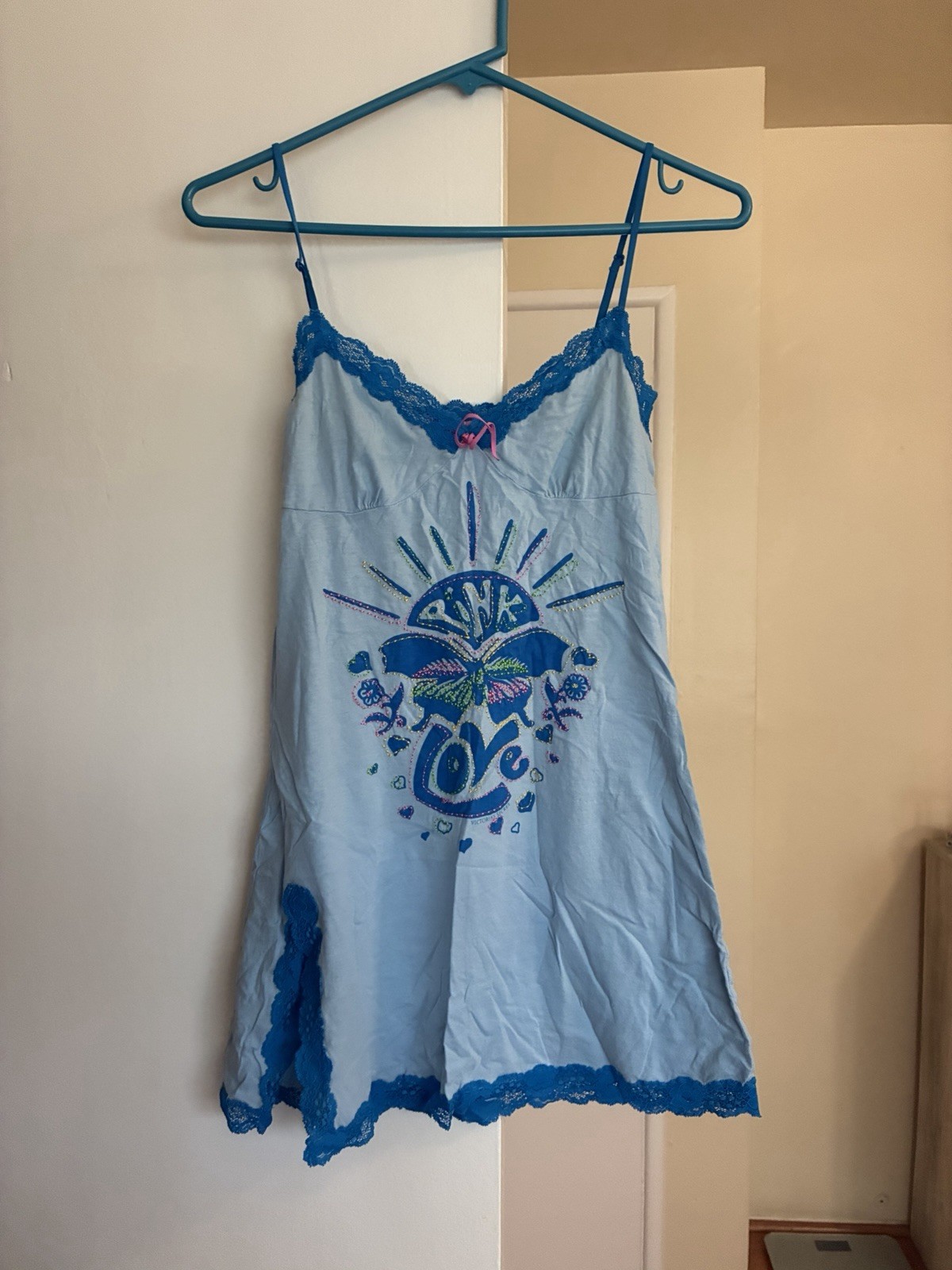 VS PINK Blue Y2K Slip Dress Adjustable Straps Lace Trim XS/S