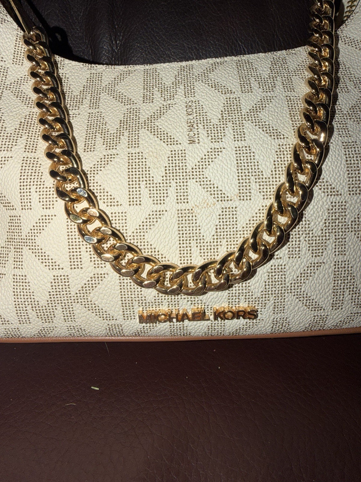 Michael Kors Logo Crescent Shoulder Bag Beige/Brown Zip Gold Chain Hardware