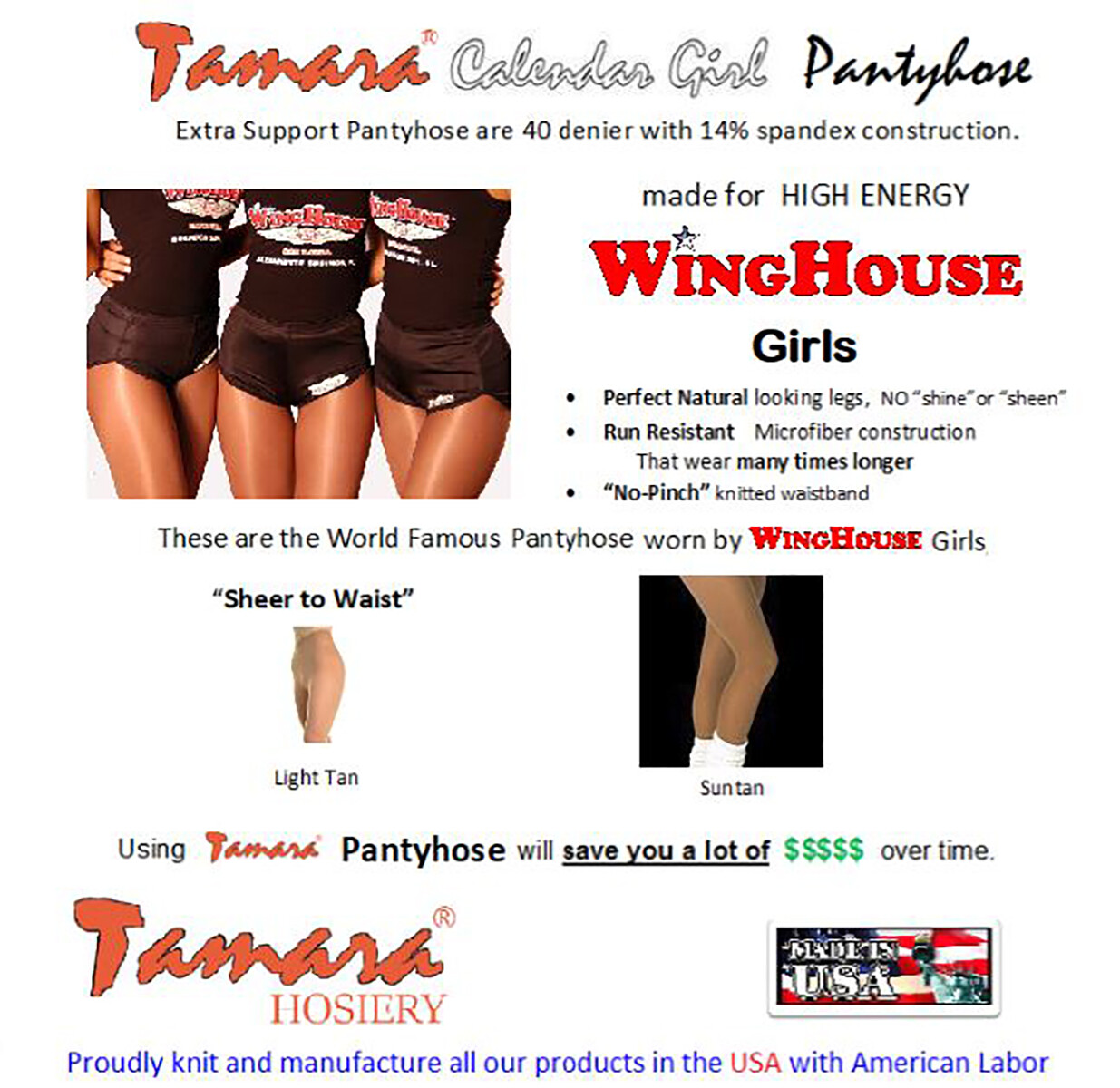 TAMARA PANTYHOSE Hooters Hosiery PICK COLOR STYLE Size B C D Long Q Tall 2XL 3XL