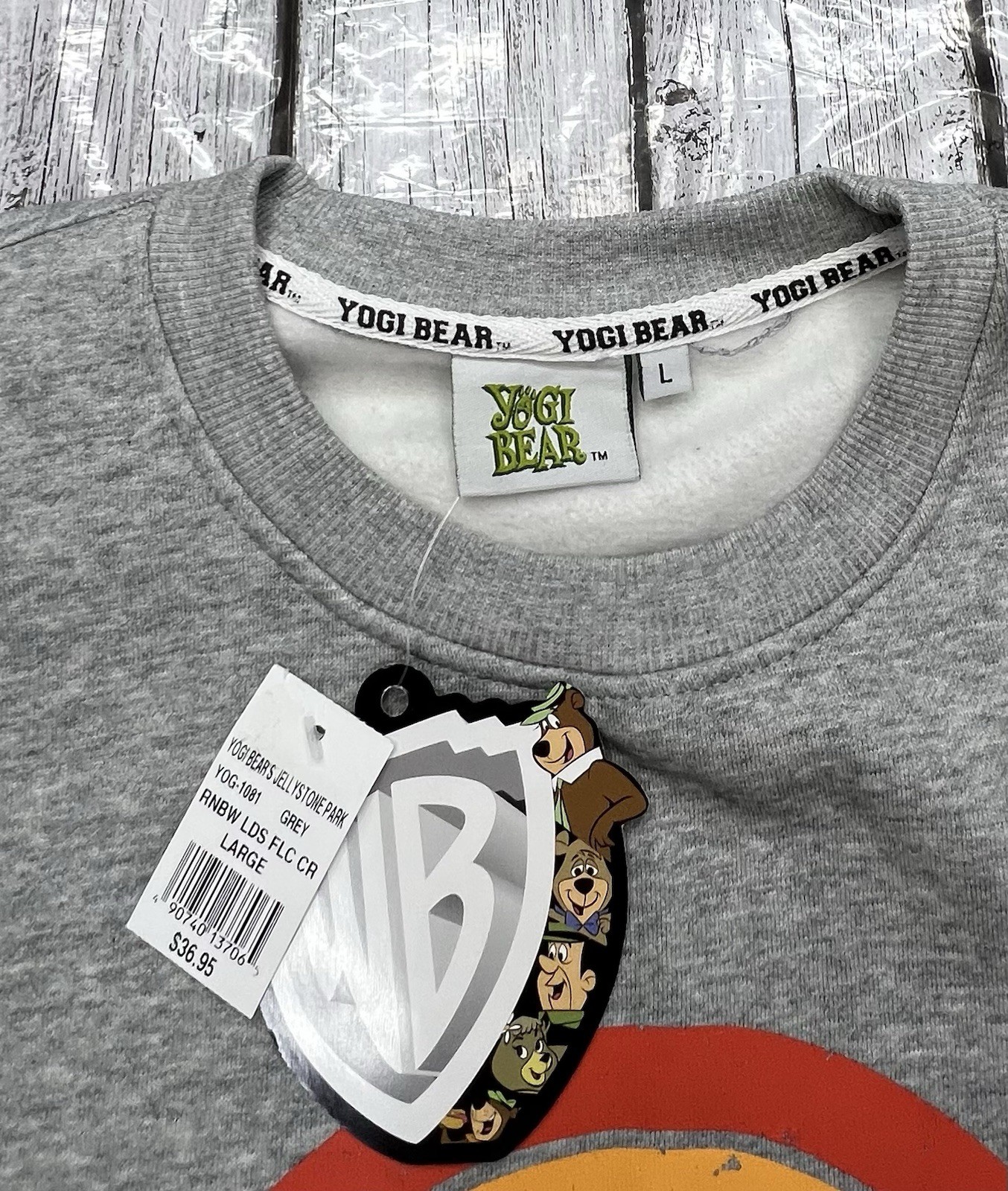 New With Tags Large Yogi Bear Pullover Sweatshirt Gray WB Hanna-Barbera SEE PICS