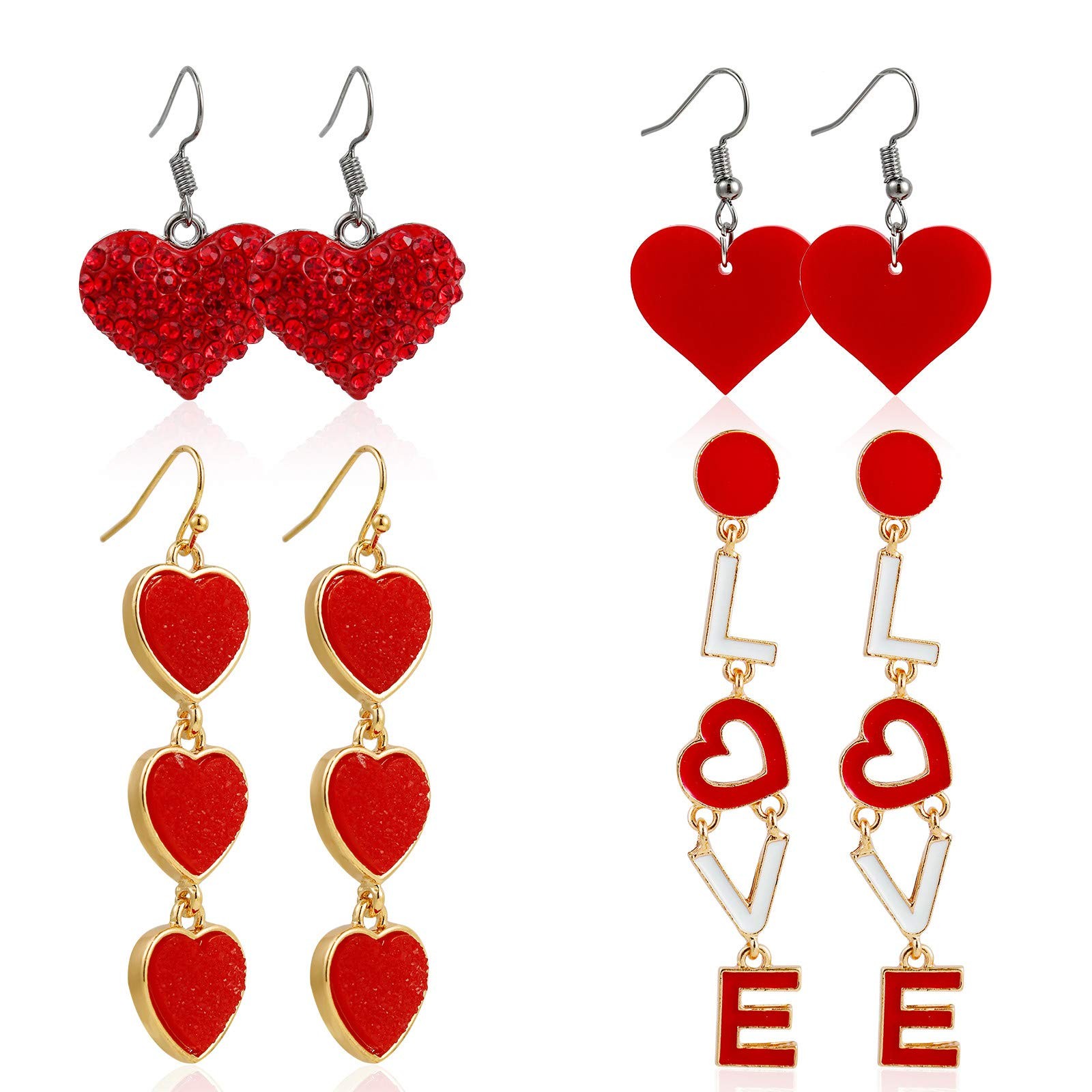 4Pairs Love Heart Shiny Crystal Beads Drop Dangle Earrings for Peach,Red