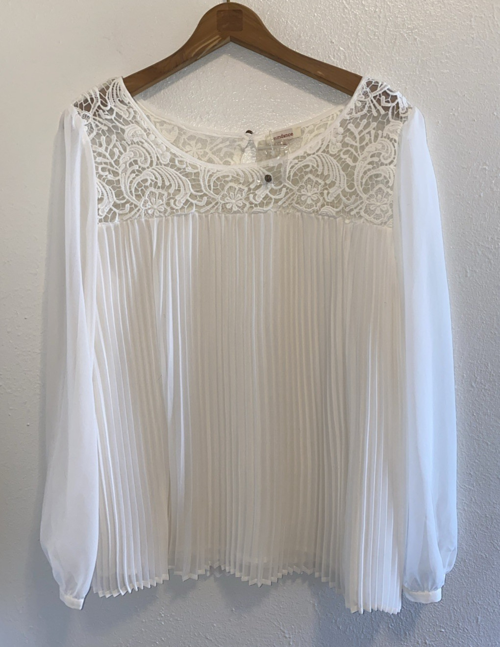 Sundance Guinevere Cottage Core Ivory Long Sleeve Lace Pleated Blouse XL NWOT