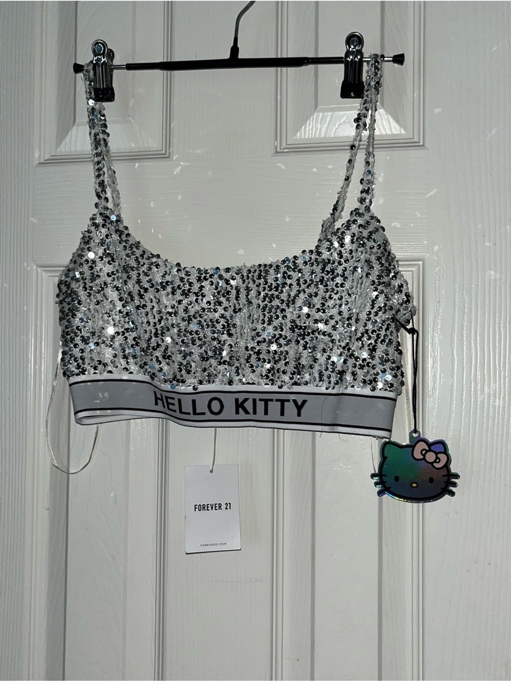 Forever 21 White and Silver Sequin Hello Kitty Crop Top and Skirt