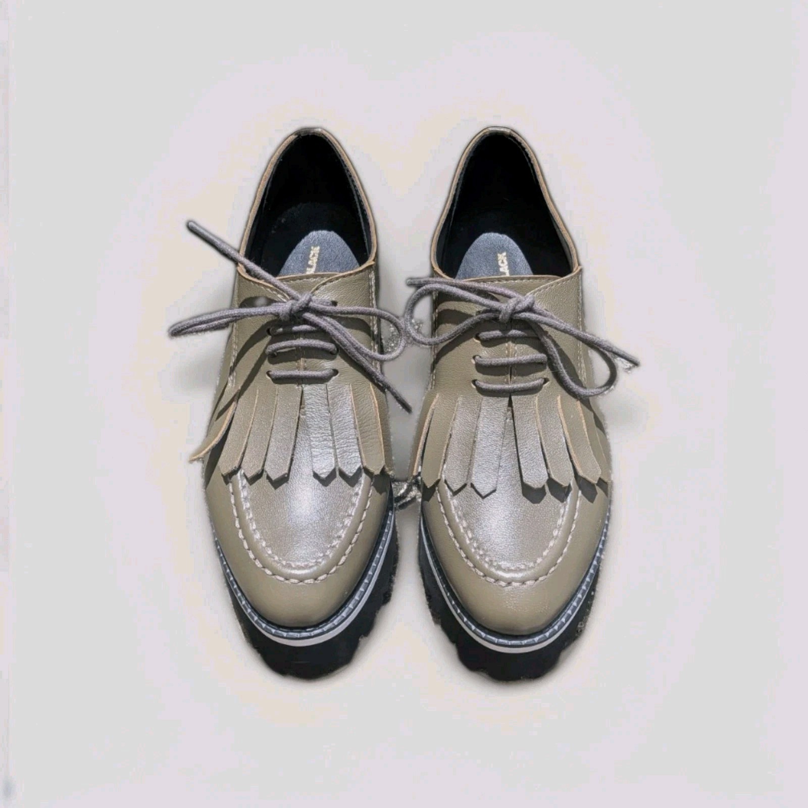 ALL BLACK Kiltie Platform Leather Oxfords Olive / Khaki Green Size 8.5 NWOB
