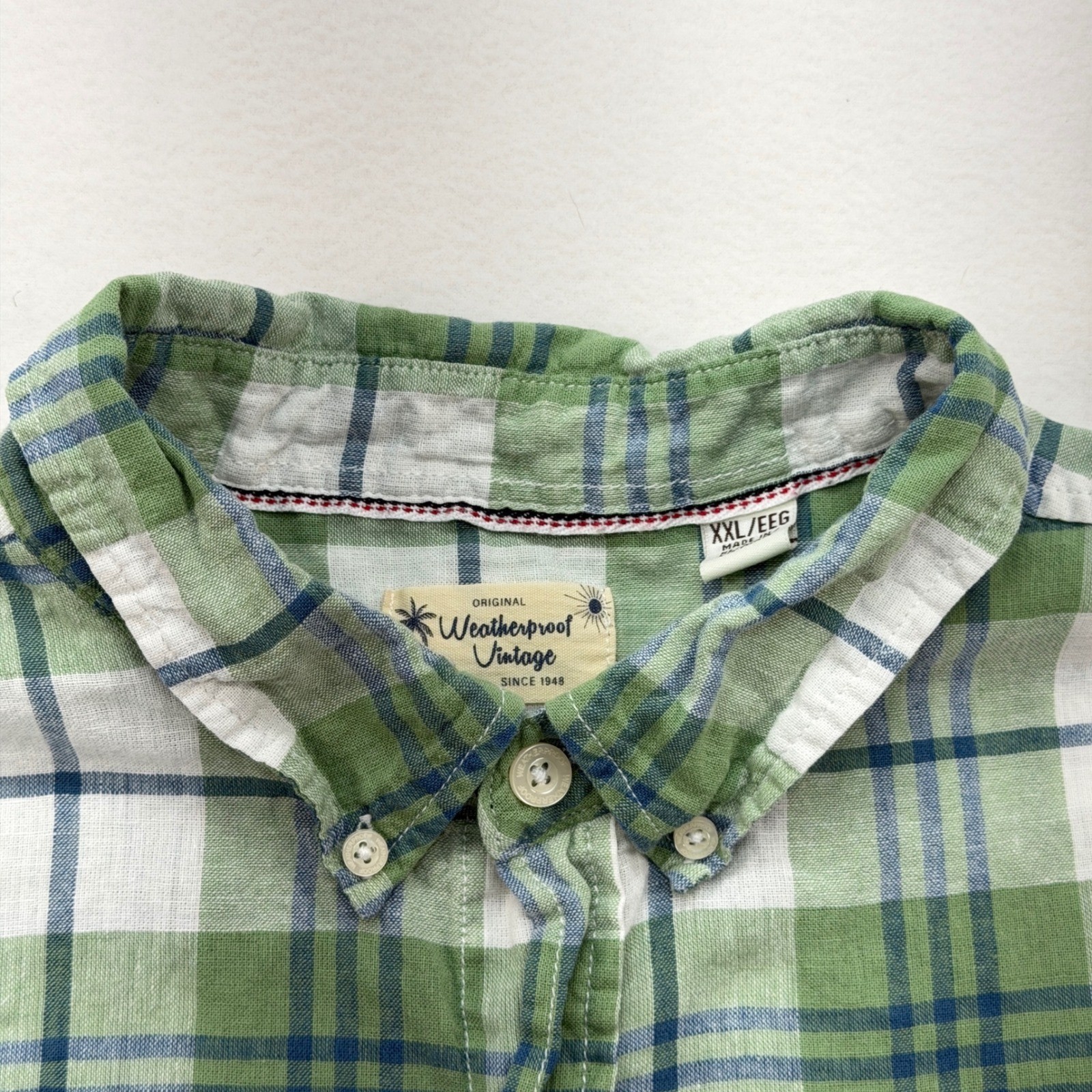 Weatherproof Vintage Washable Linen Plaid Short Sleeve Shirt Men XXL Green
