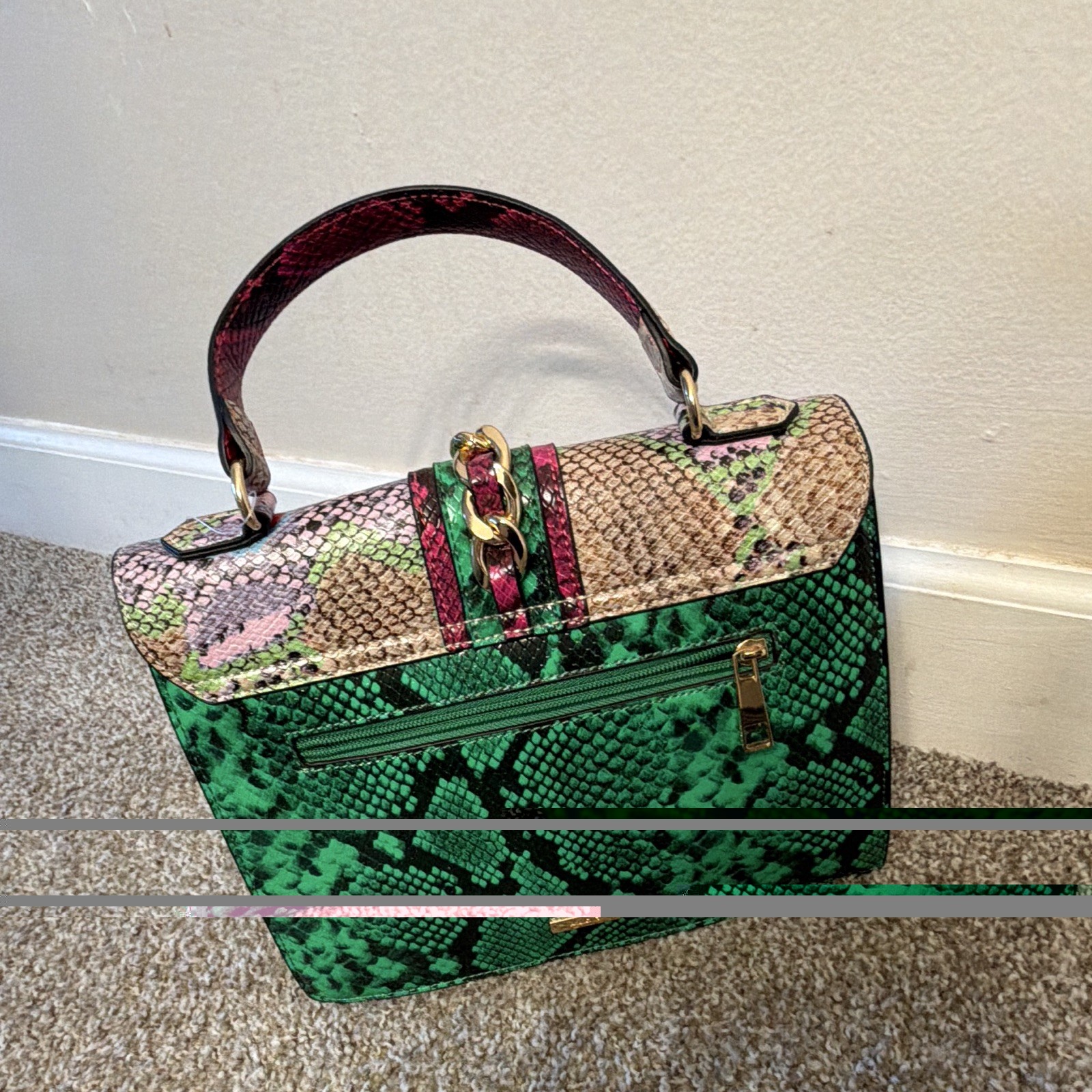 Women’s Multicolor Snake Print Satchel Top Handle, Gold Tone Chain Turn Lock