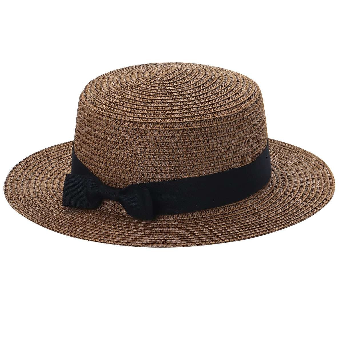 Women Flat Top Straw Boater Wide Brim Sun Hat Black Ribbon Bow Summer Beach Cap