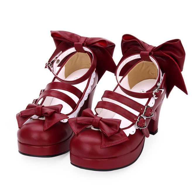 Lolita Women’s Mid Heel Cosplay Shoes Bowknot Platform Sweet Candy Shiny Leather