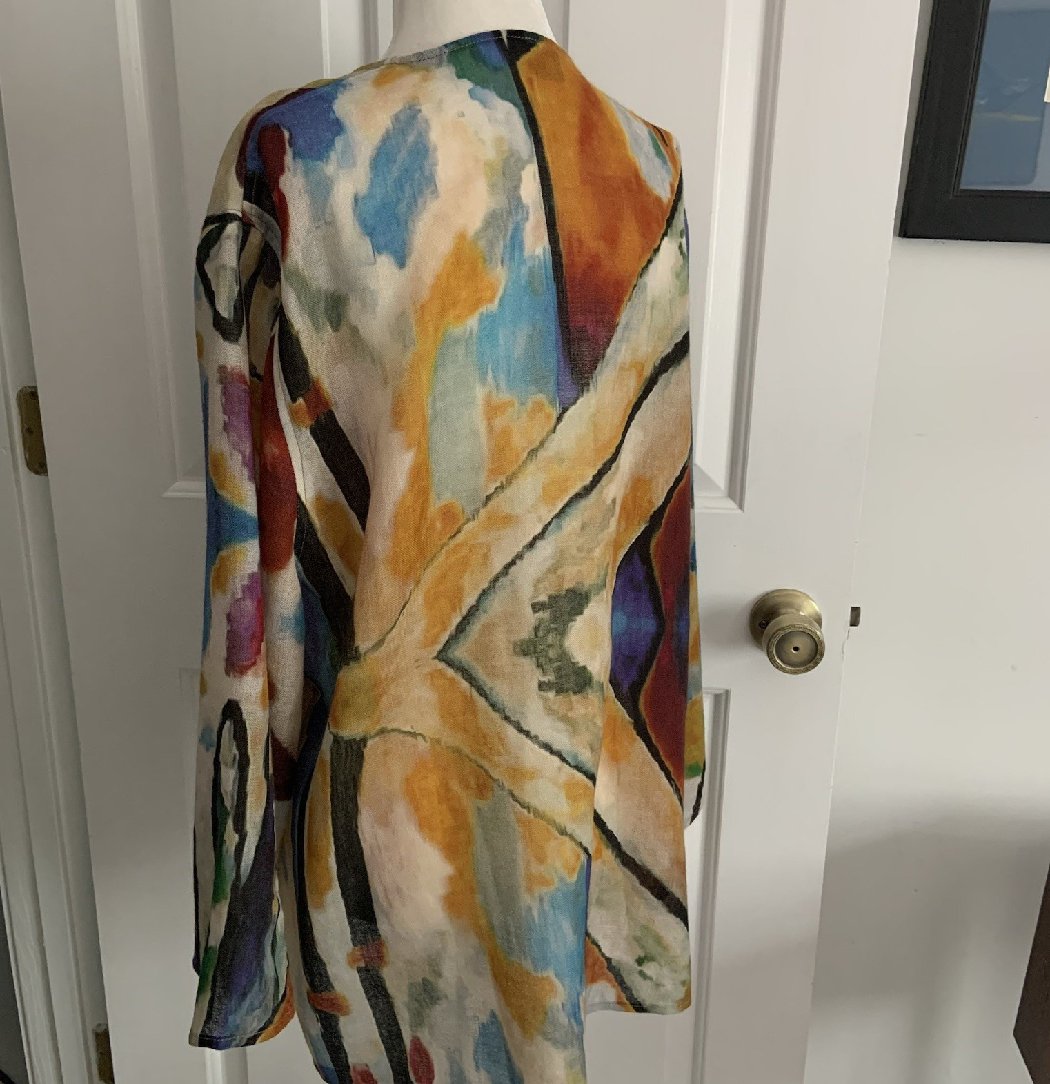 Tao House Open Cardigan 100% Sheer Wool L/XL Hand Printed Abstract *Sm FLAW
