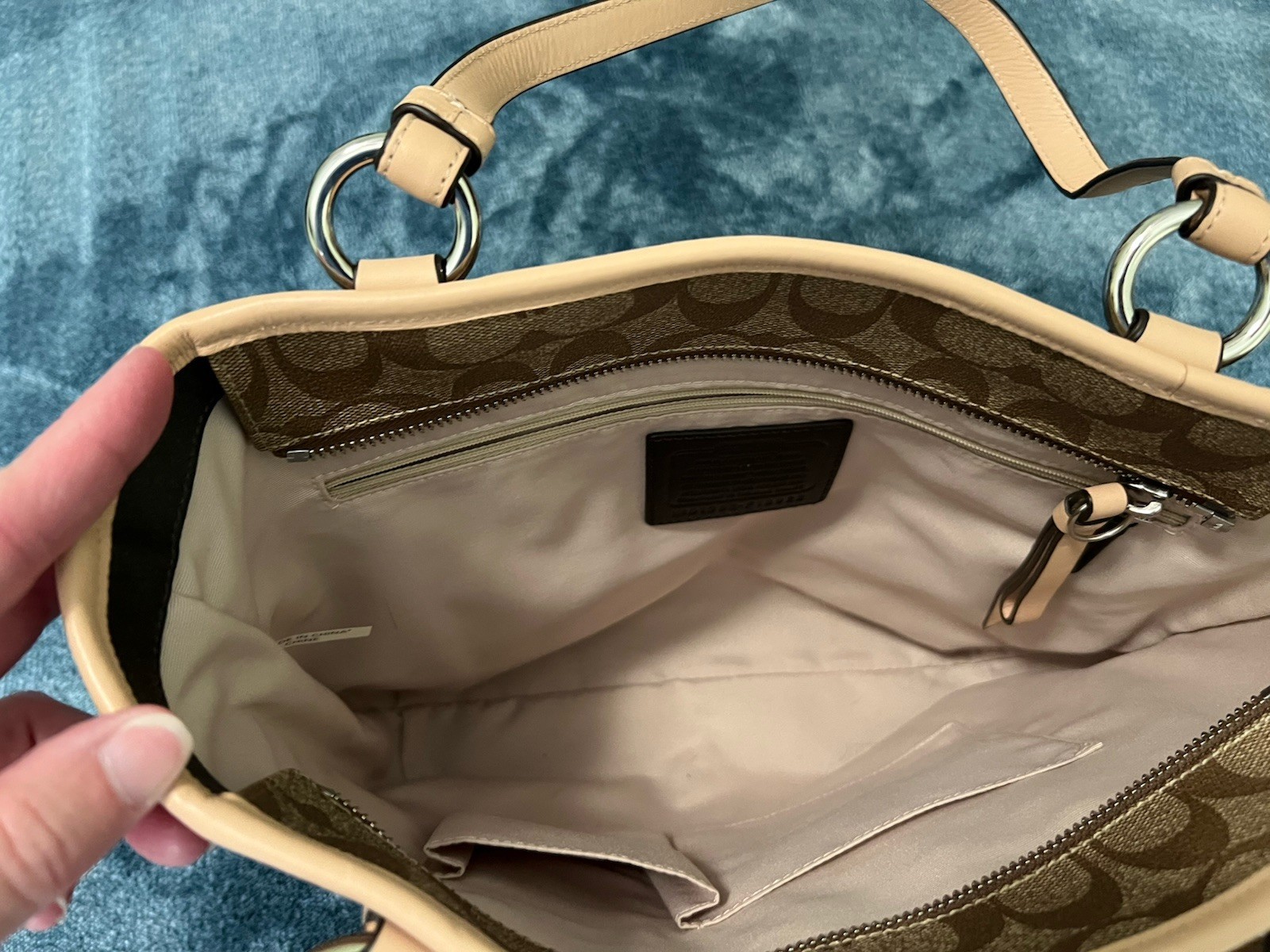 Coach Signature Logo Monogram Medium Zip Tote Bag w/ Pockets Beige/Brown