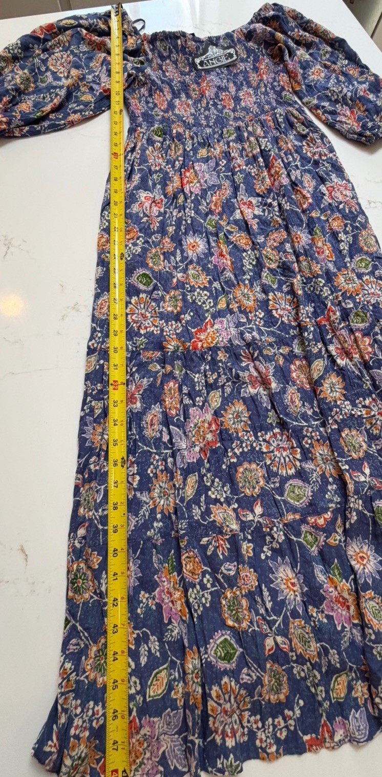 NWT Angie Floral Large Flutter Sleeve Dress Smocked Blue Multicolor