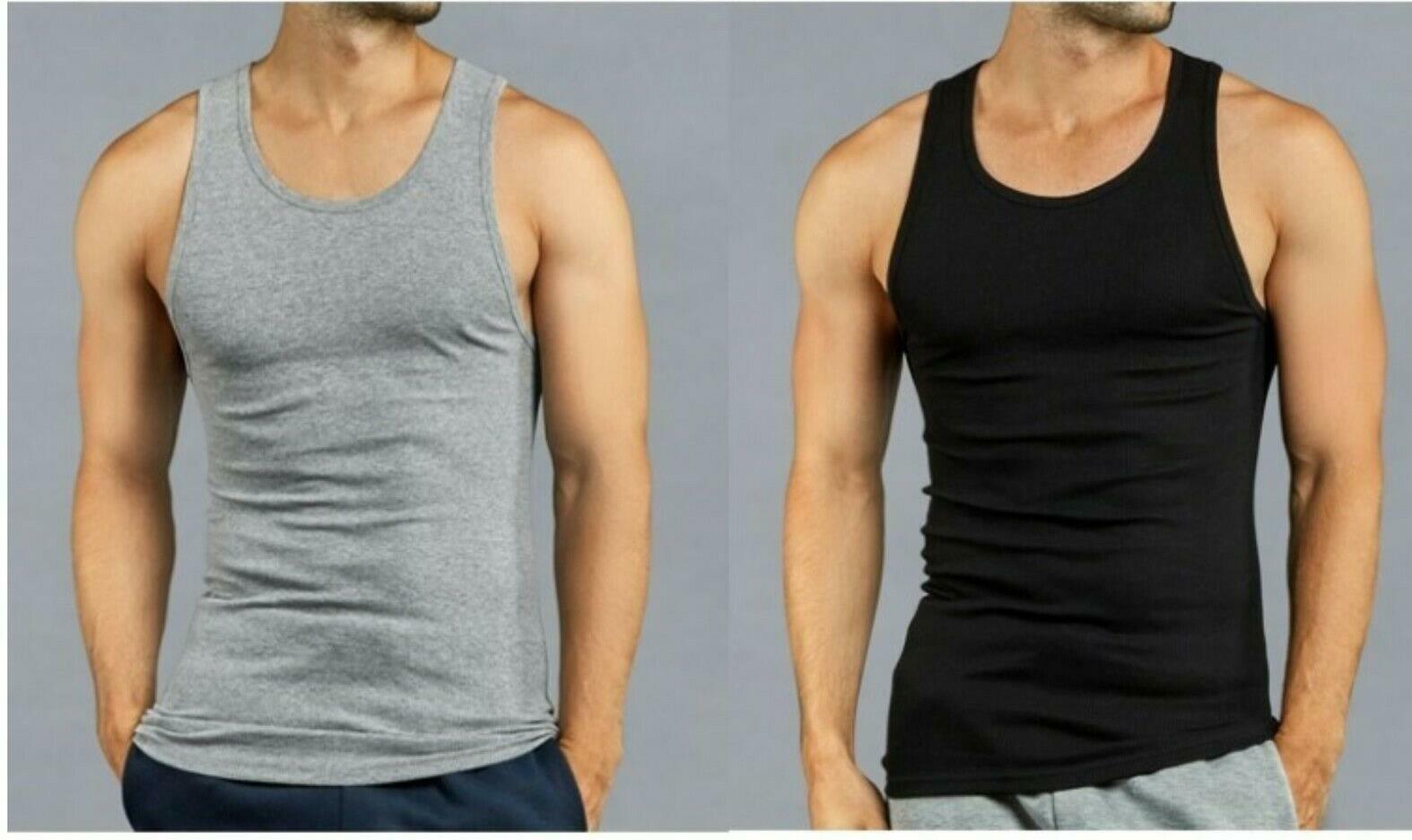 6 Men’s A-Shirts Undershirt Ribbed Tank Top 4 .Black & 2. Gray size medium