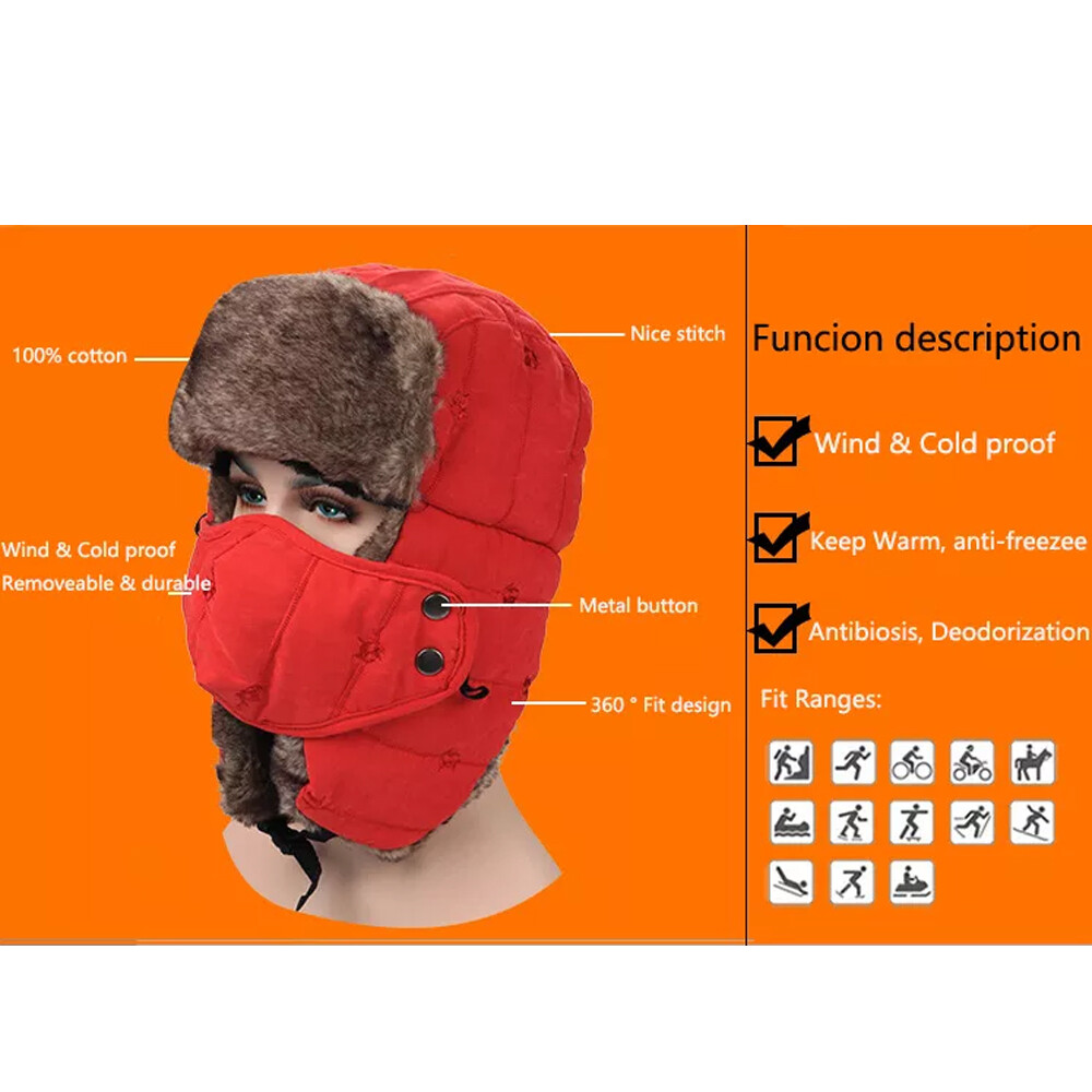 Winter Ear Flap Thermal Hat Fur Warm Snow Ski Cap Hat Face Mask for Cold Weather