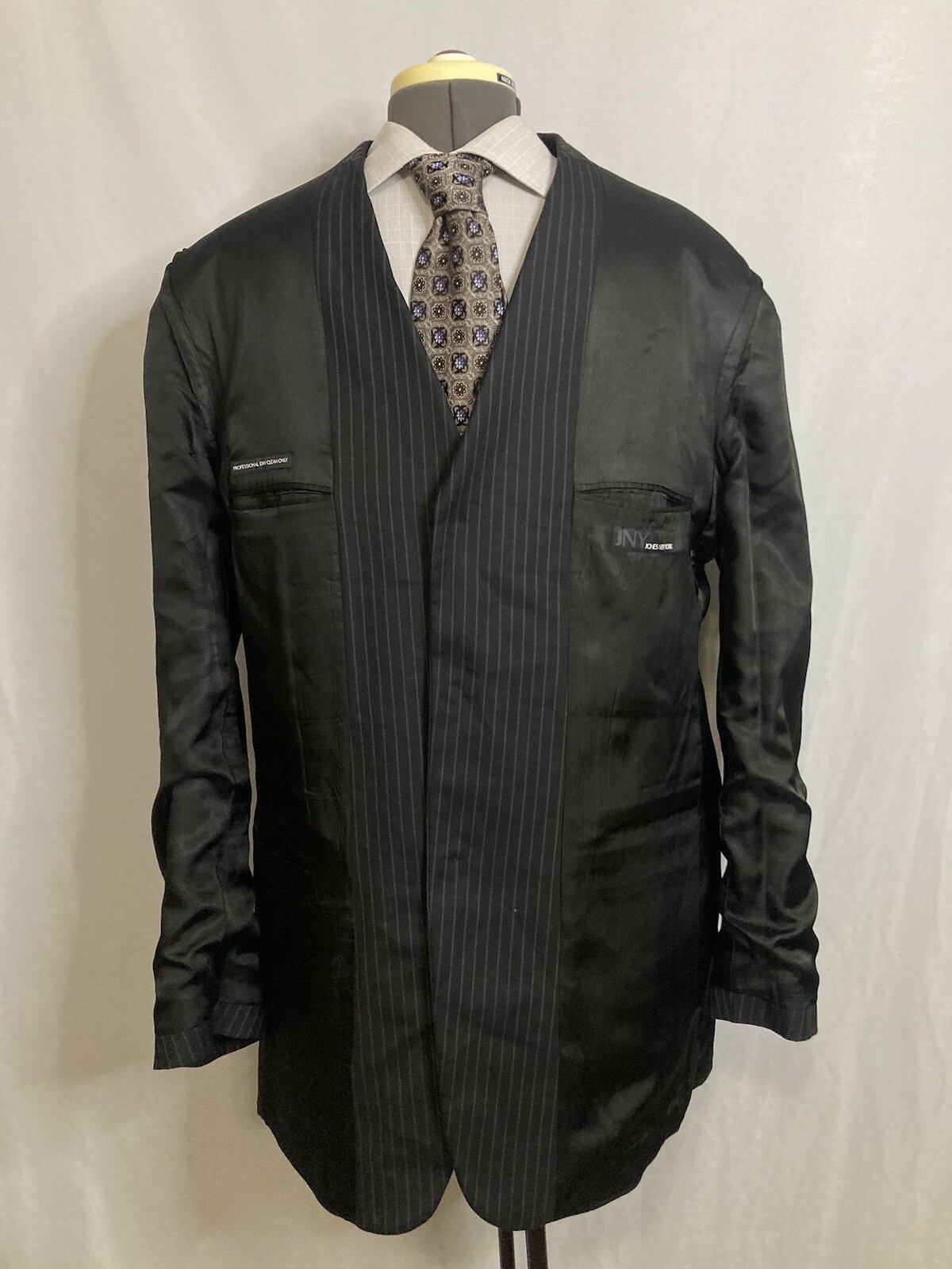 Mens 44L Blazer Black Striped Wool 3 Button 2XL 48″ Sport Coat Suit Jacket JNY