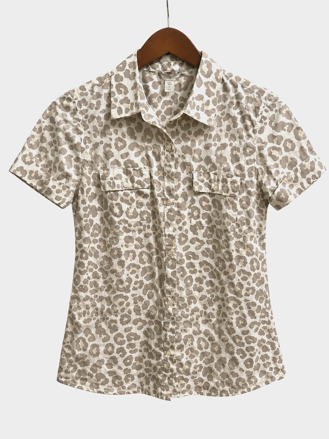 Garnet Hill Leopard Animal Print 100% cotton Top pockets Sz 00 XS White Gray NWT