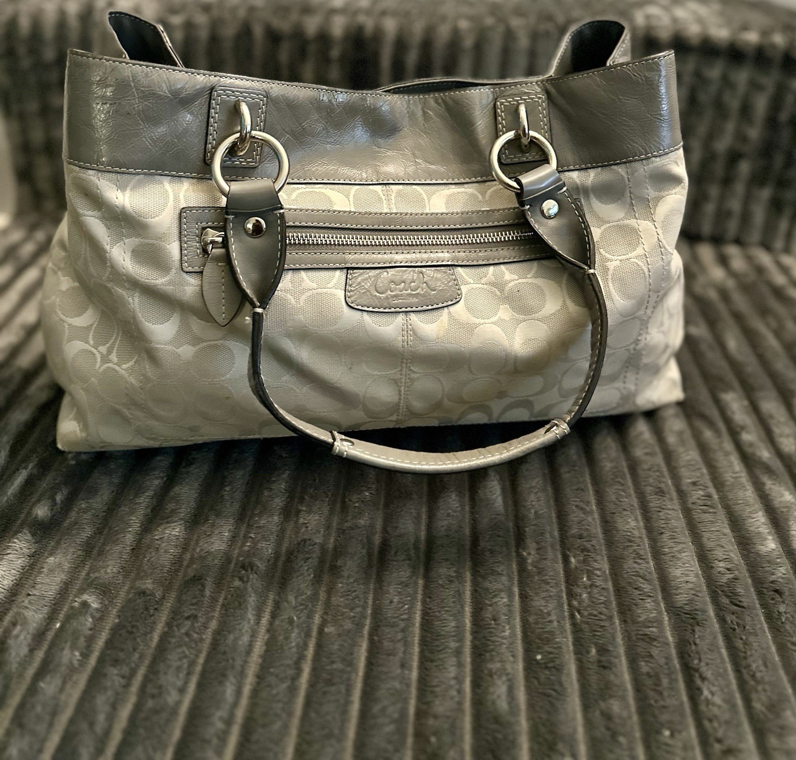Coach F15534 Gray Signature C Tote Jacquard Leather Shoulder Handbag