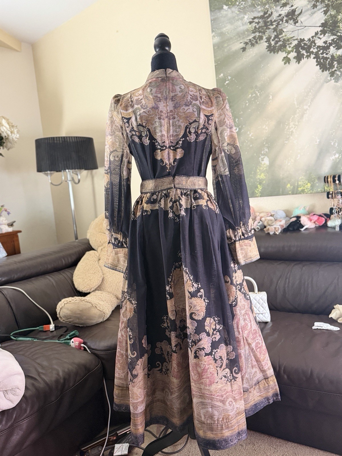 Women’s 2 piece set Black Beige Paisley Chiffon Maxi Dress High Neck Puff Sleeve