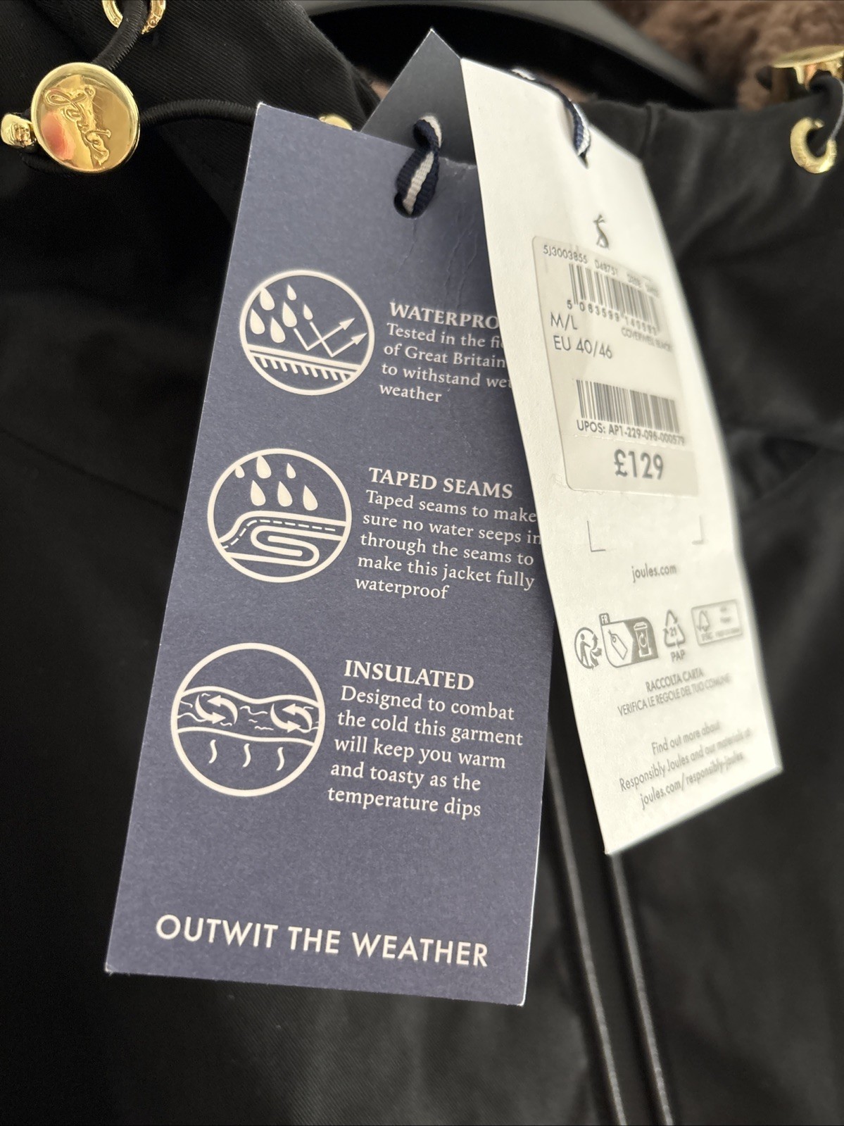JOULES Coverwell Black Fleece Lined Waterproof Coat M/L EU40-46 BNWT RRP£129 Bl