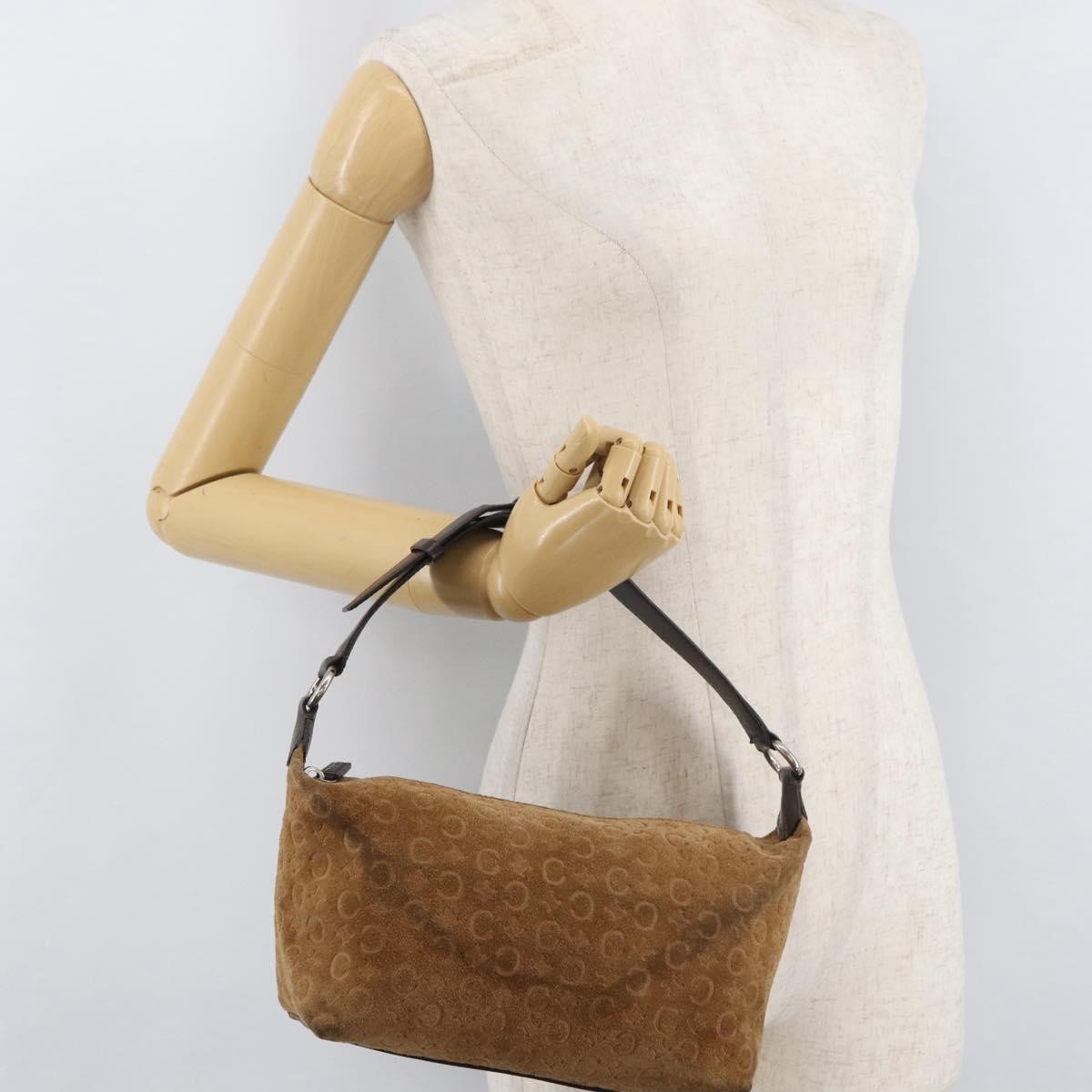 CELINE C Macadam Canvas Hand Bag Suede Brown Silver Auth 176369