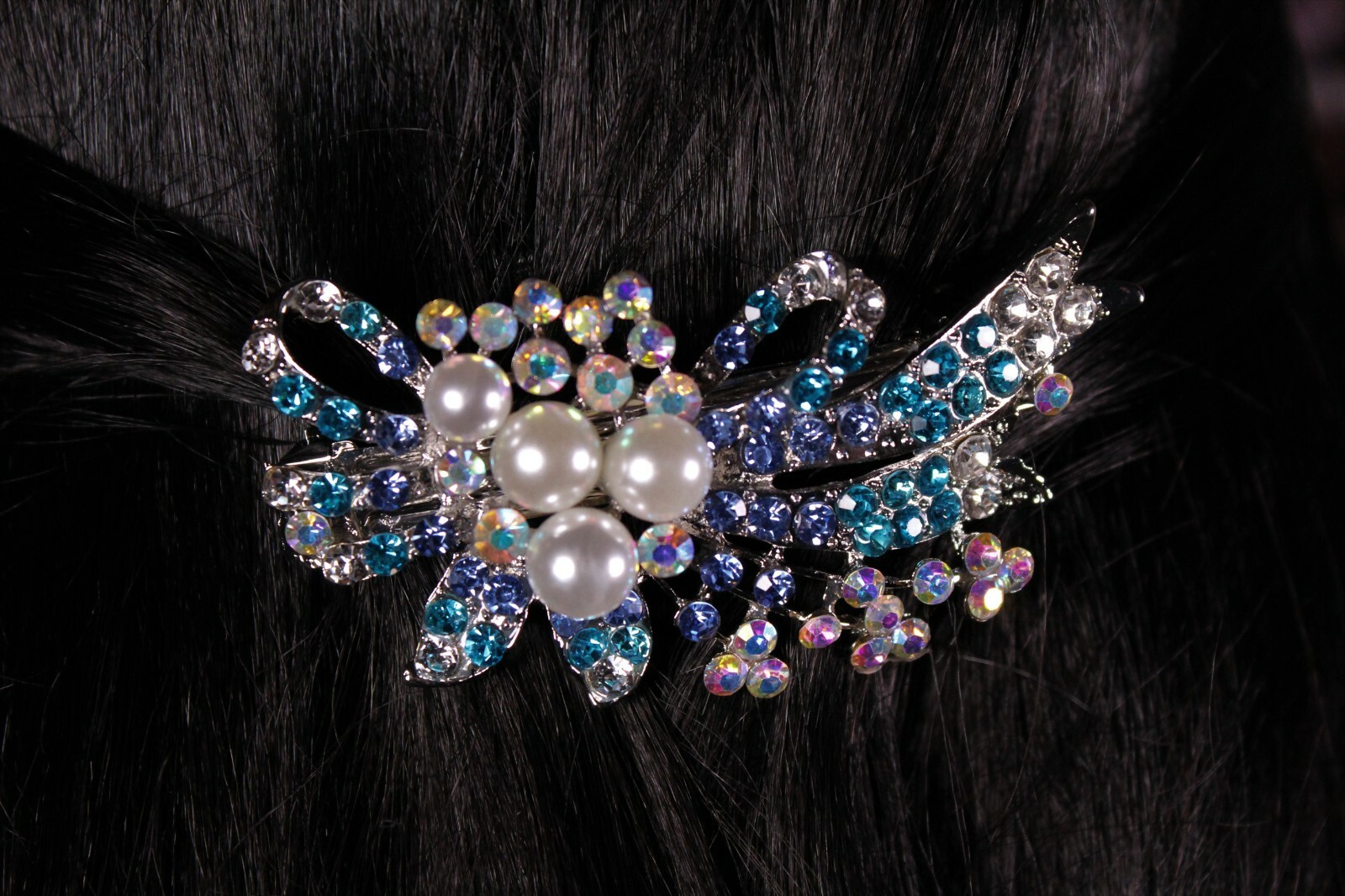 Pearl and Rhinestone Hair Clip Ribbon Bow Barrette with Aurora Borealis Crystals
