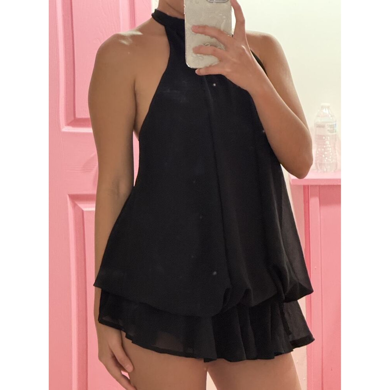 Women’s Elegant Light Yellow Halter Tie Mini Dress,Beige Summer Party Dresses